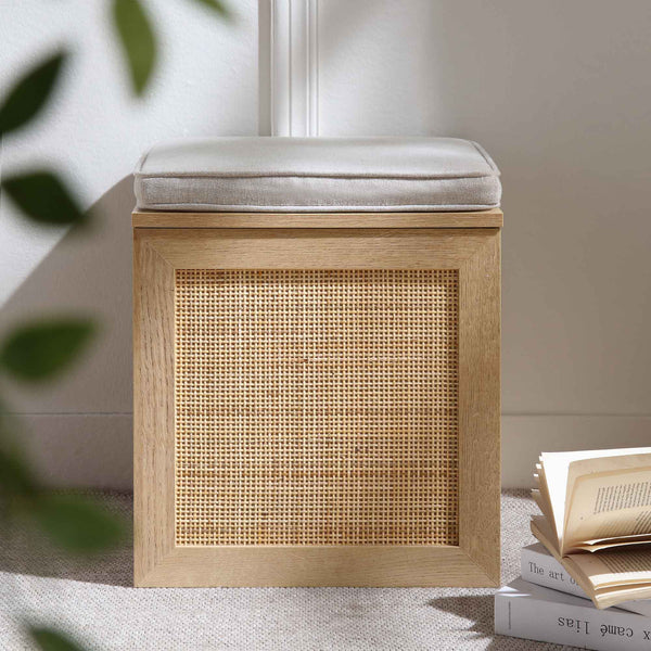 Frances Woven Rattan Single Storage Stool with Cushion, Natural