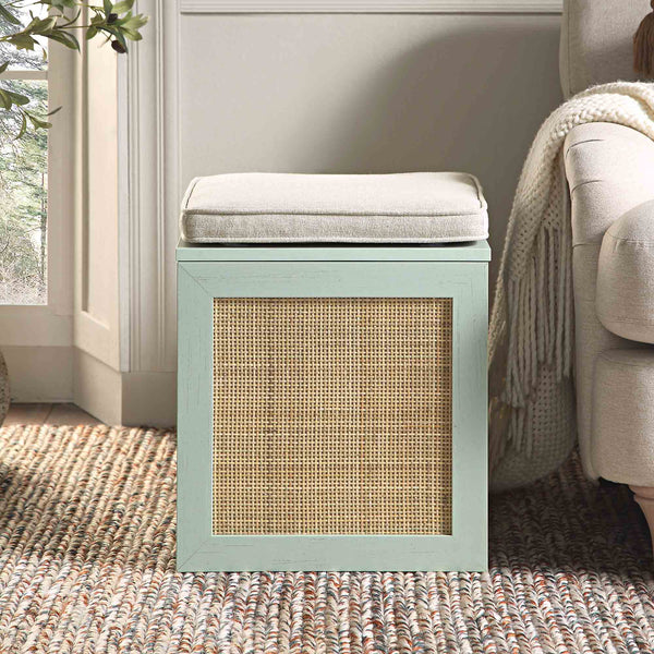 Frances Woven Rattan Single Storage Stool with Cushion, Mint