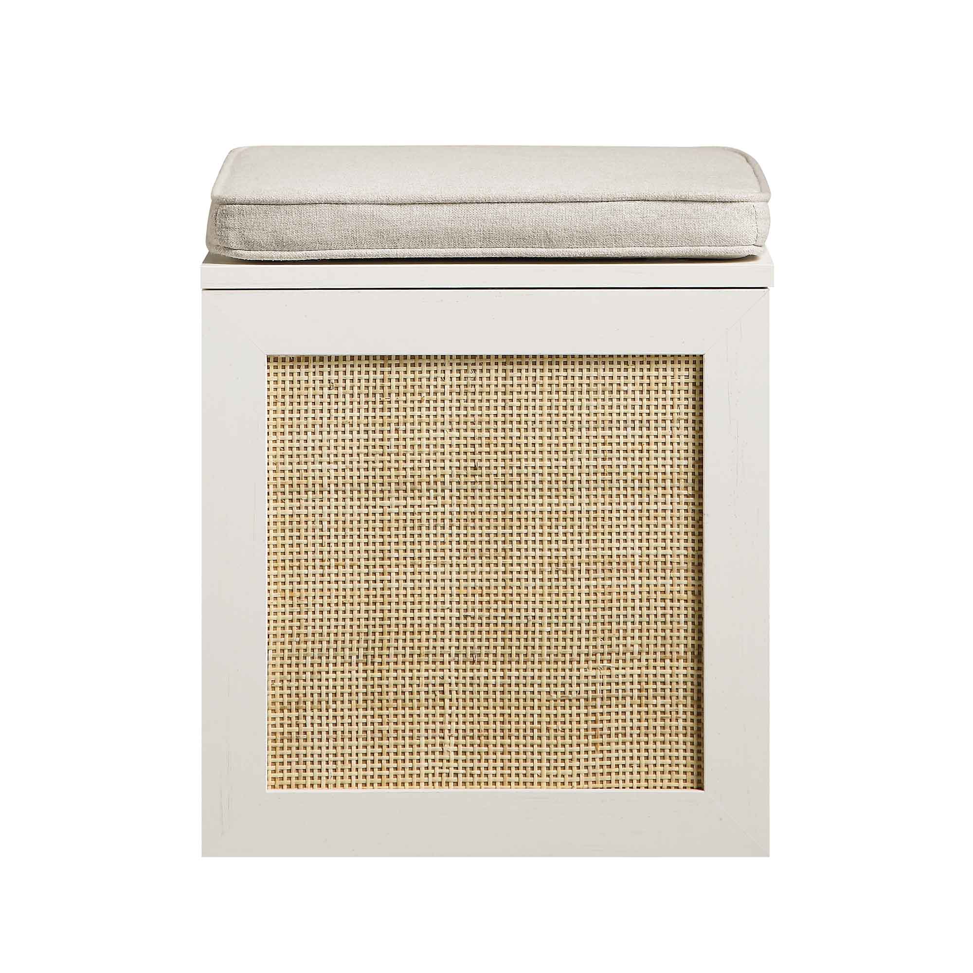 Frances Woven Rattan Single Storage Stool with Cushion, White