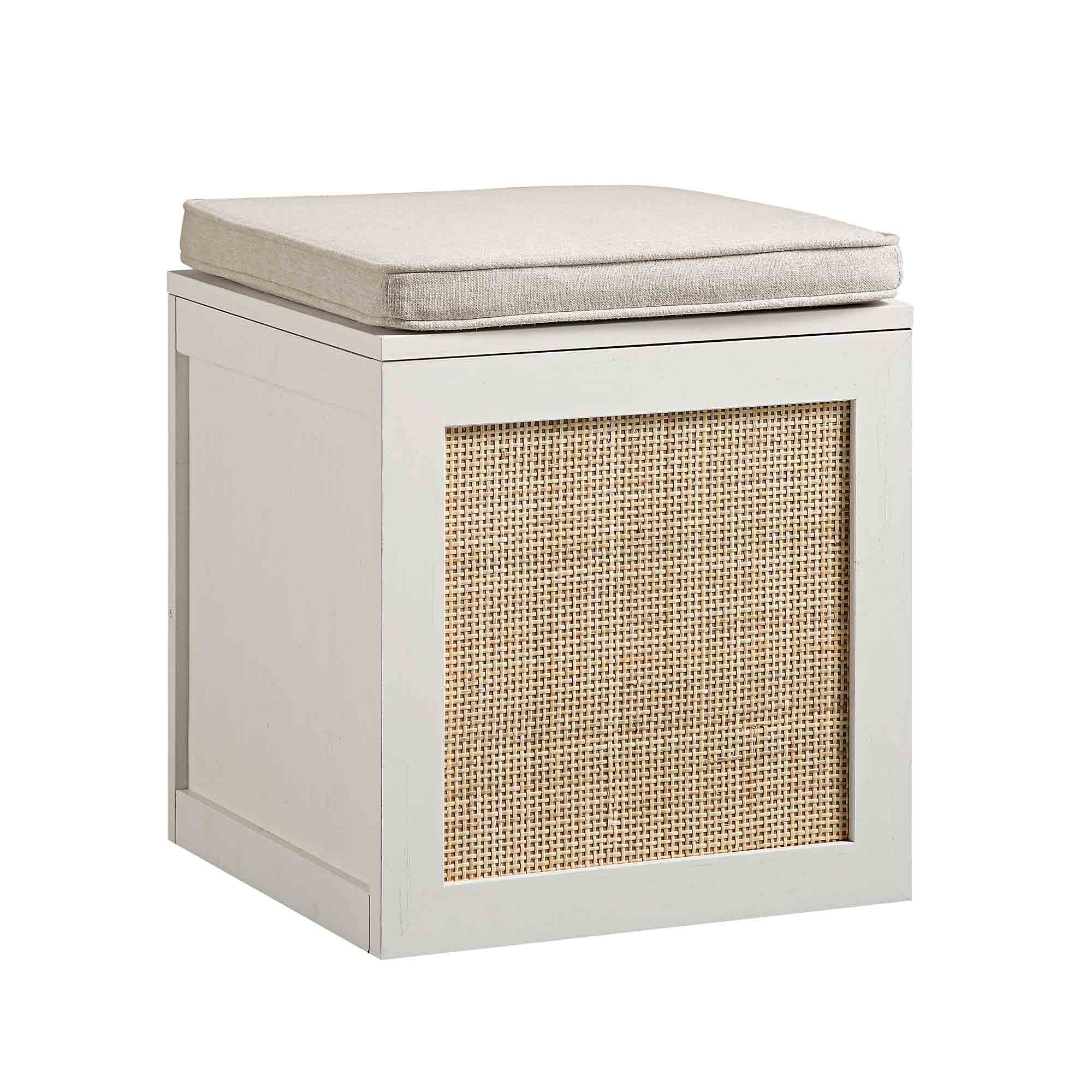 Frances Woven Rattan Single Storage Stool with Cushion, White