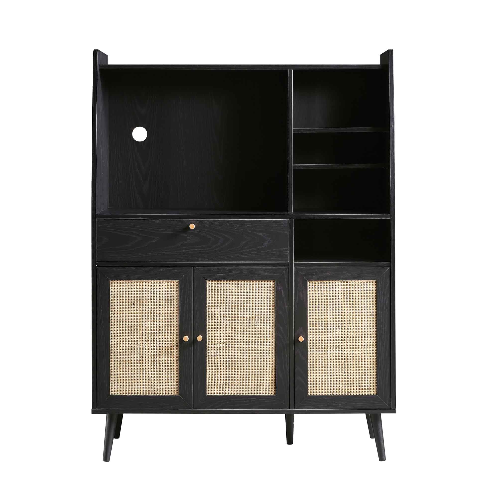 Frances Woven Rattan Kitchen Pantry Cabinet, Black