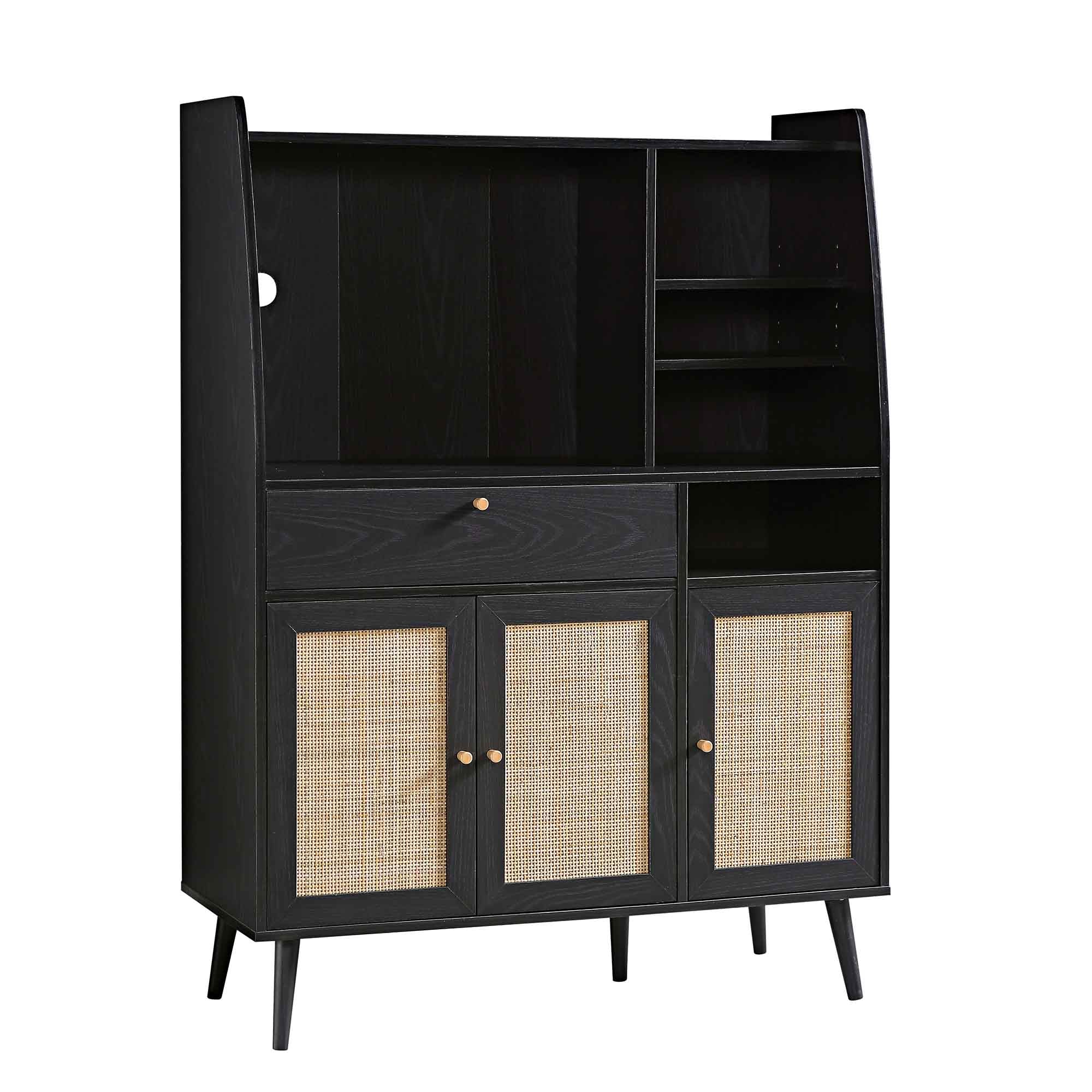 Frances Woven Rattan Kitchen Pantry Cabinet, Black