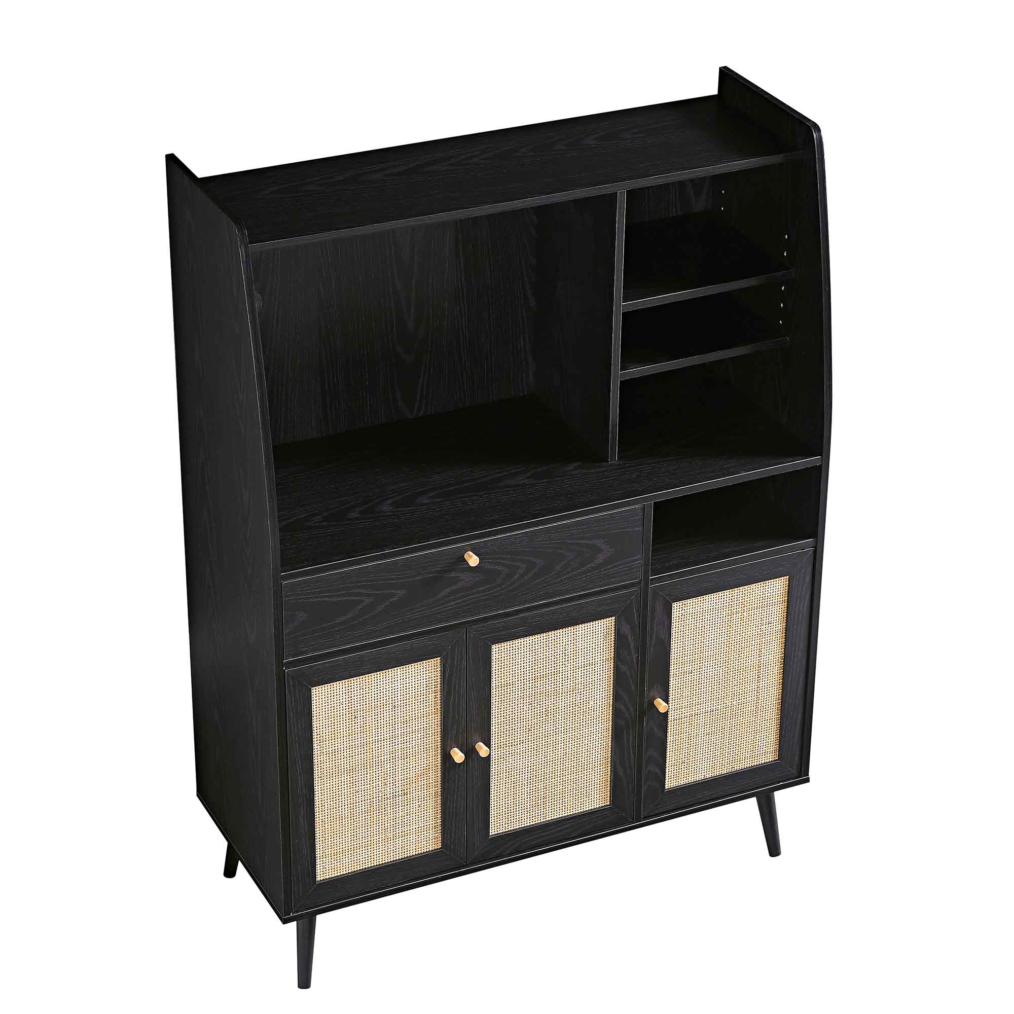 Frances Woven Rattan Kitchen Pantry Cabinet, Black