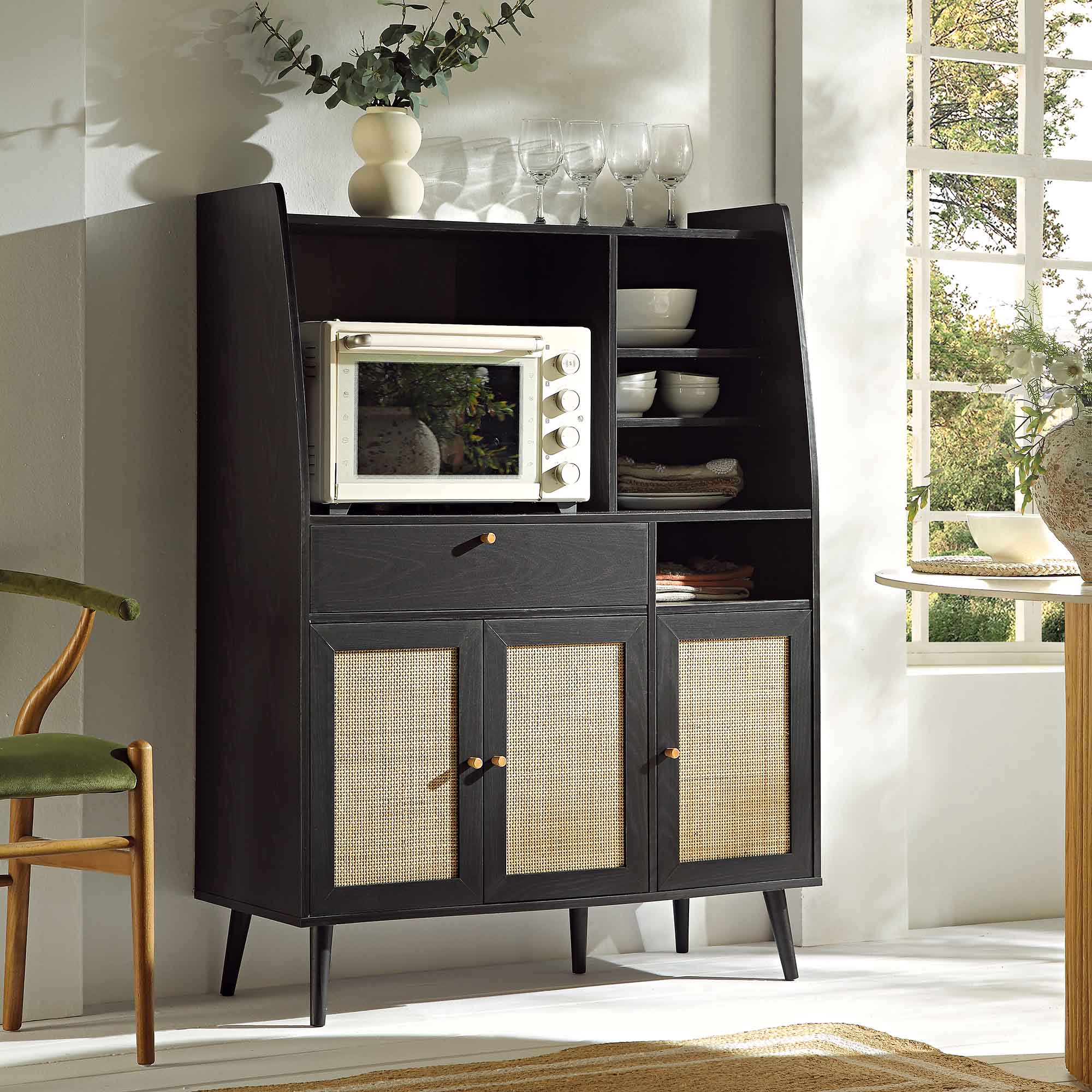 Frances Woven Rattan Kitchen Pantry Cabinet, Black