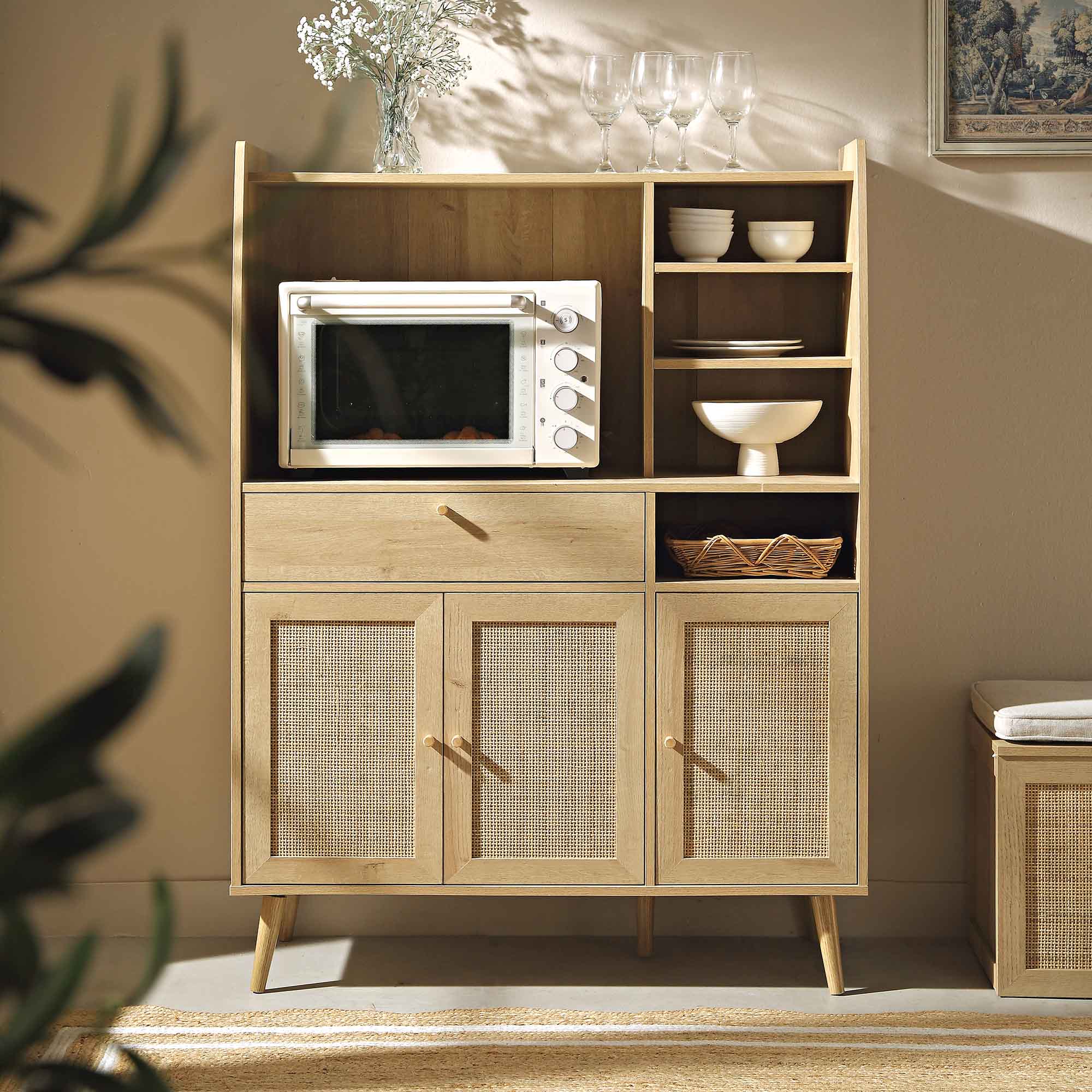 Frances Woven Rattan Kitchen Pantry Cabinet, Natural