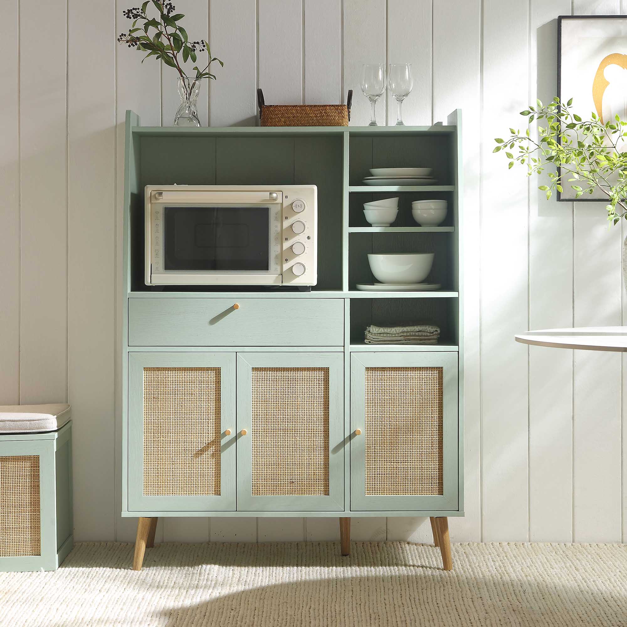 Frances Woven Rattan Kitchen Pantry Cabinet, Mint