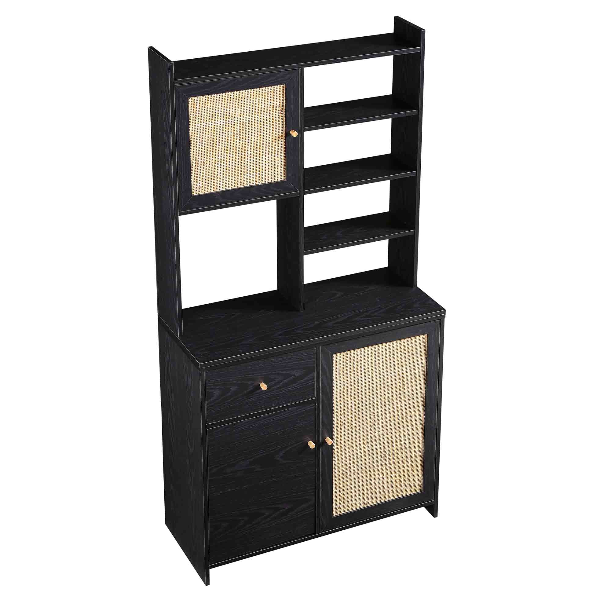 Frances Woven Rattan Pantry Cabinet, Black