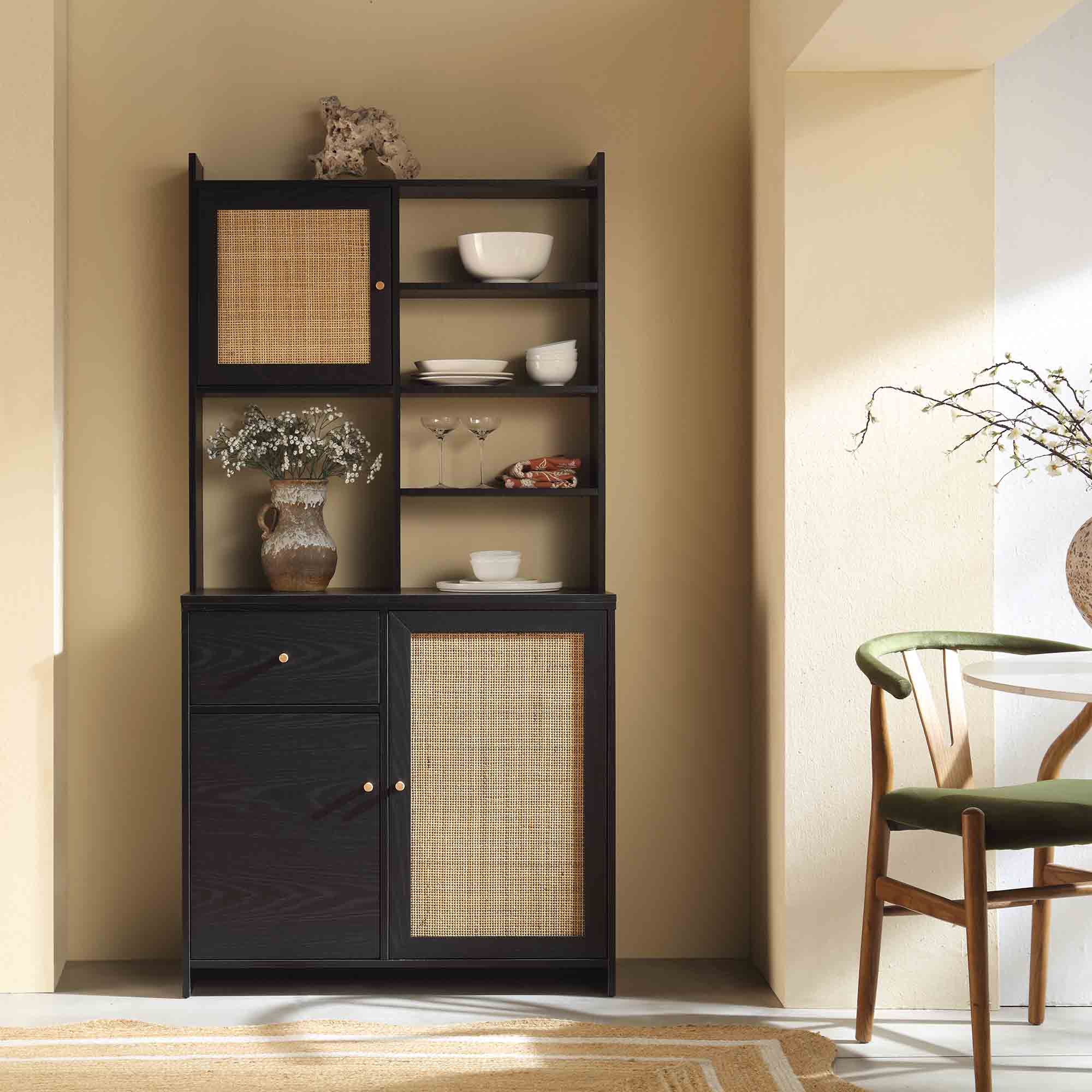 Frances Woven Rattan Pantry Cabinet, Black