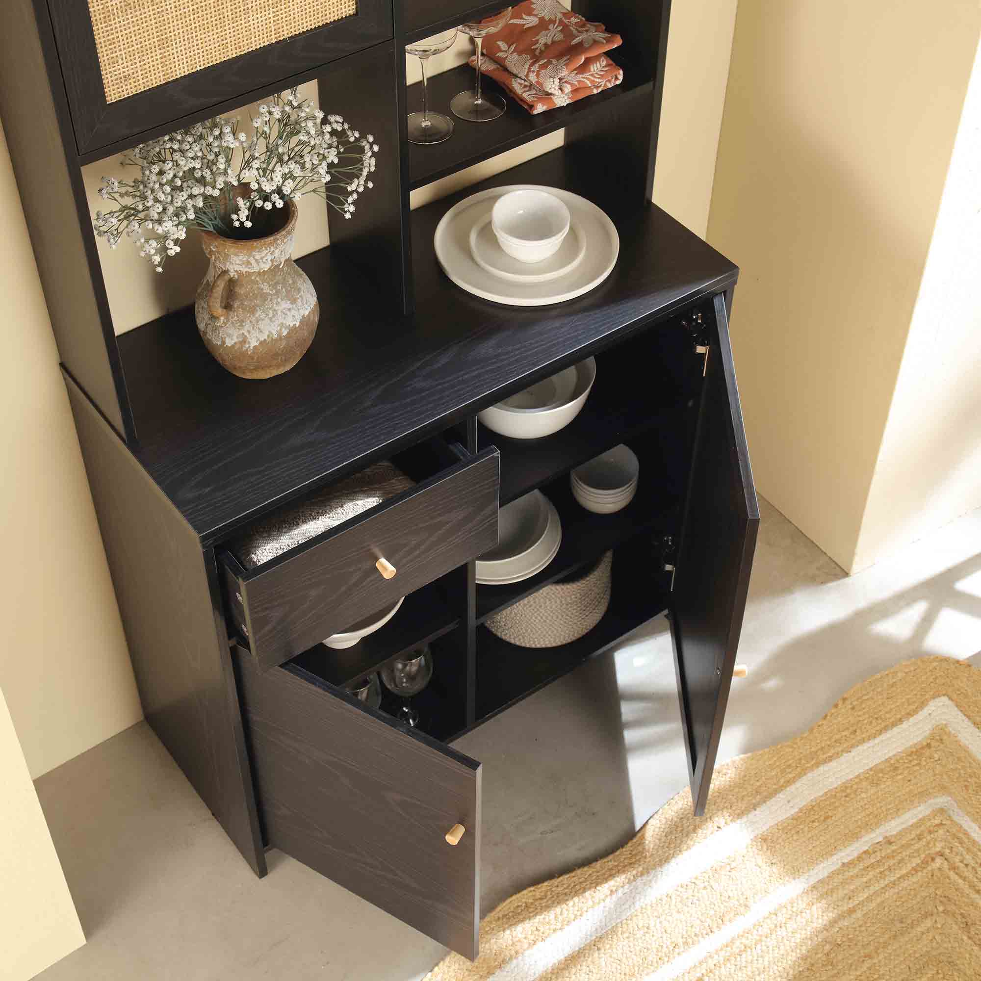 Frances Woven Rattan Pantry Cabinet, Black