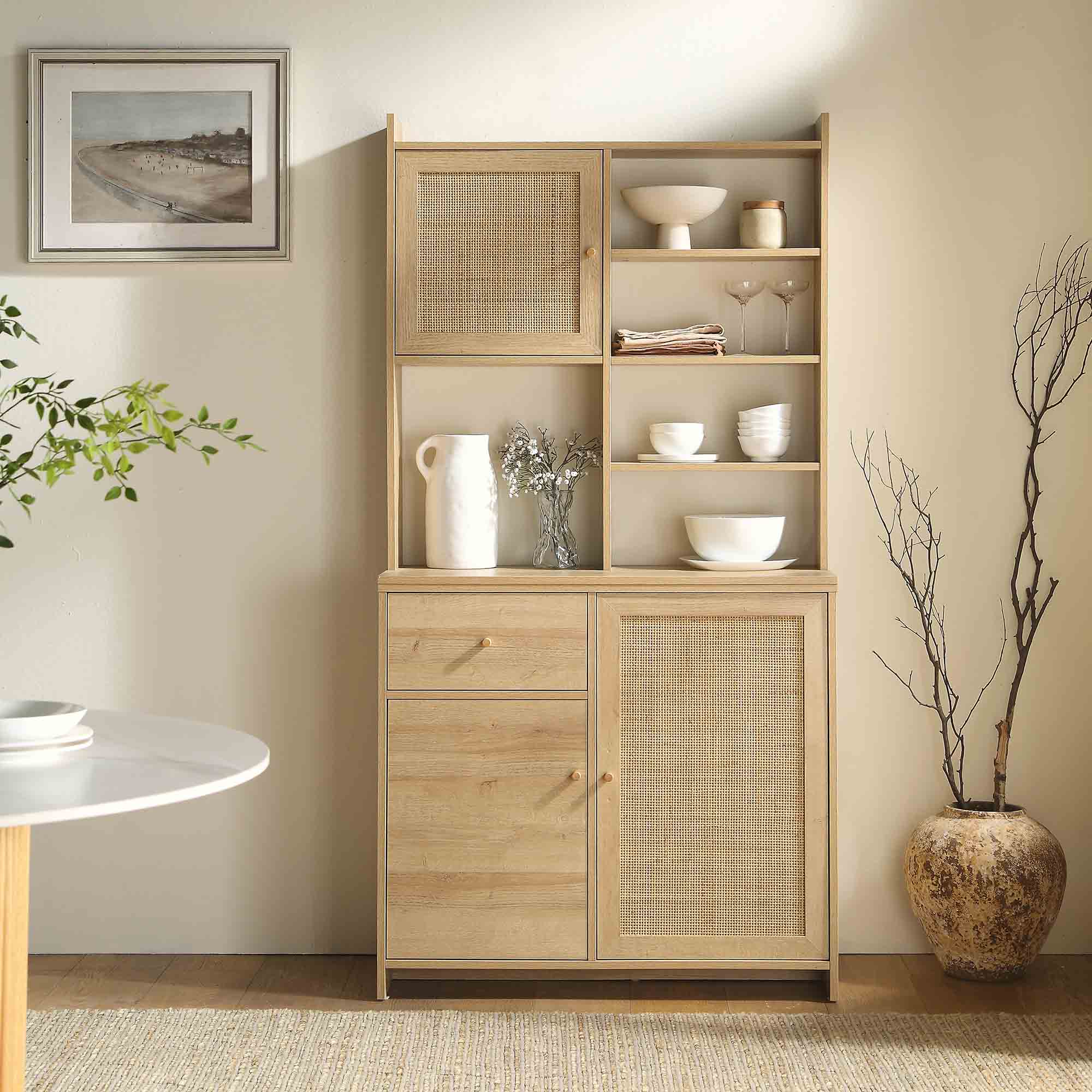 Frances Woven Rattan Pantry Cabinet, Natural