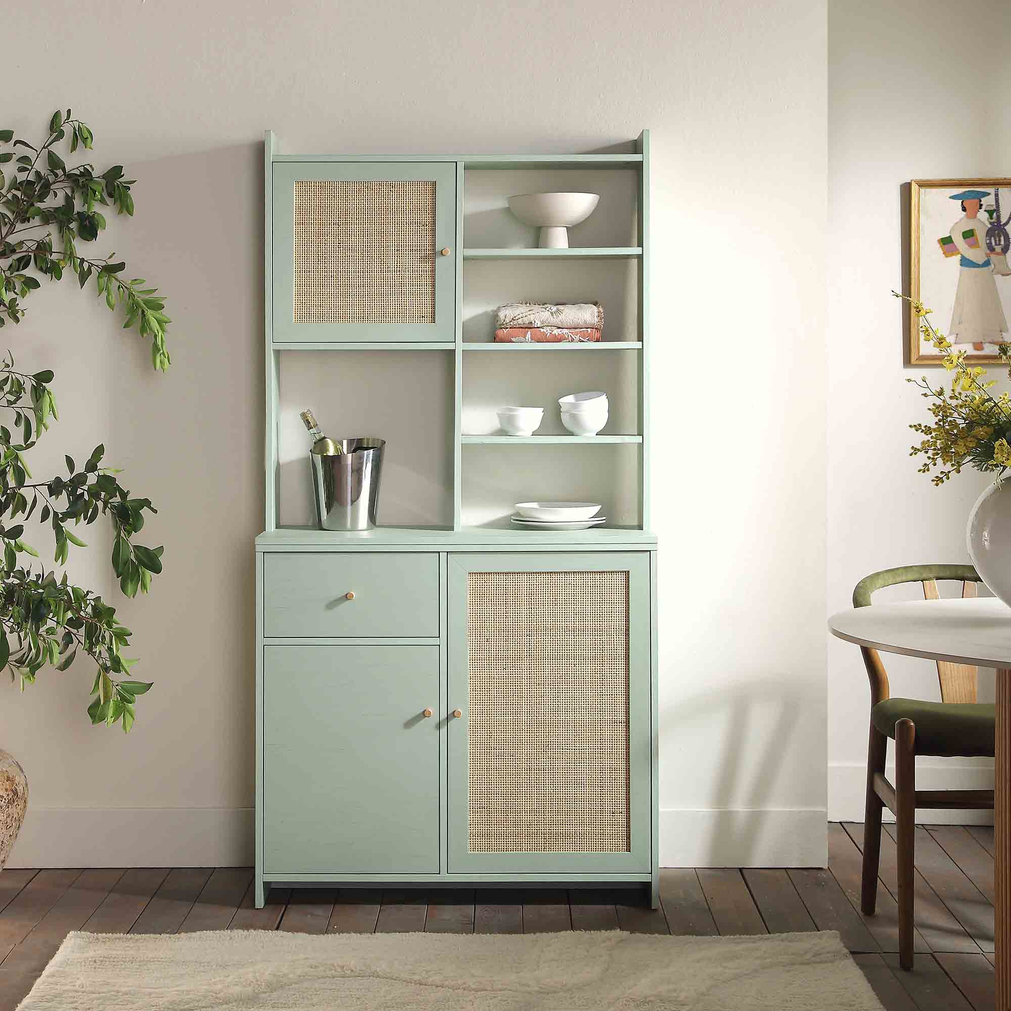 Frances Woven Rattan Pantry Cabinet, Mint