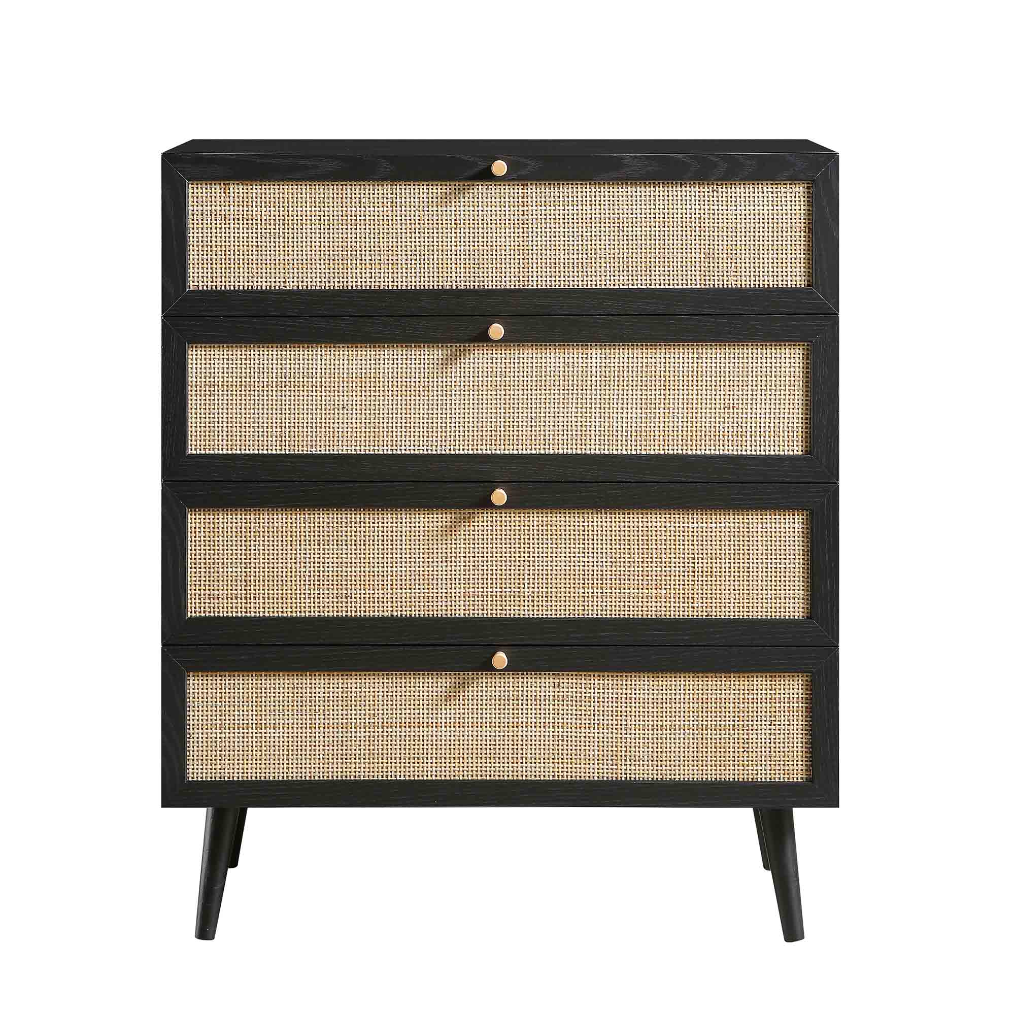 Frances Woven Rattan Tall 4 Drawer Dresser, Black