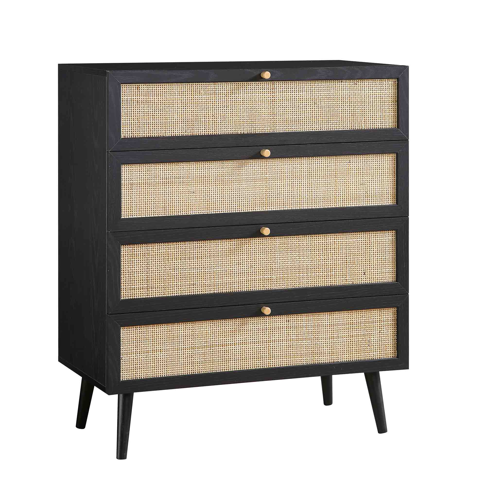 Frances Woven Rattan Tall 4 Drawer Dresser, Black