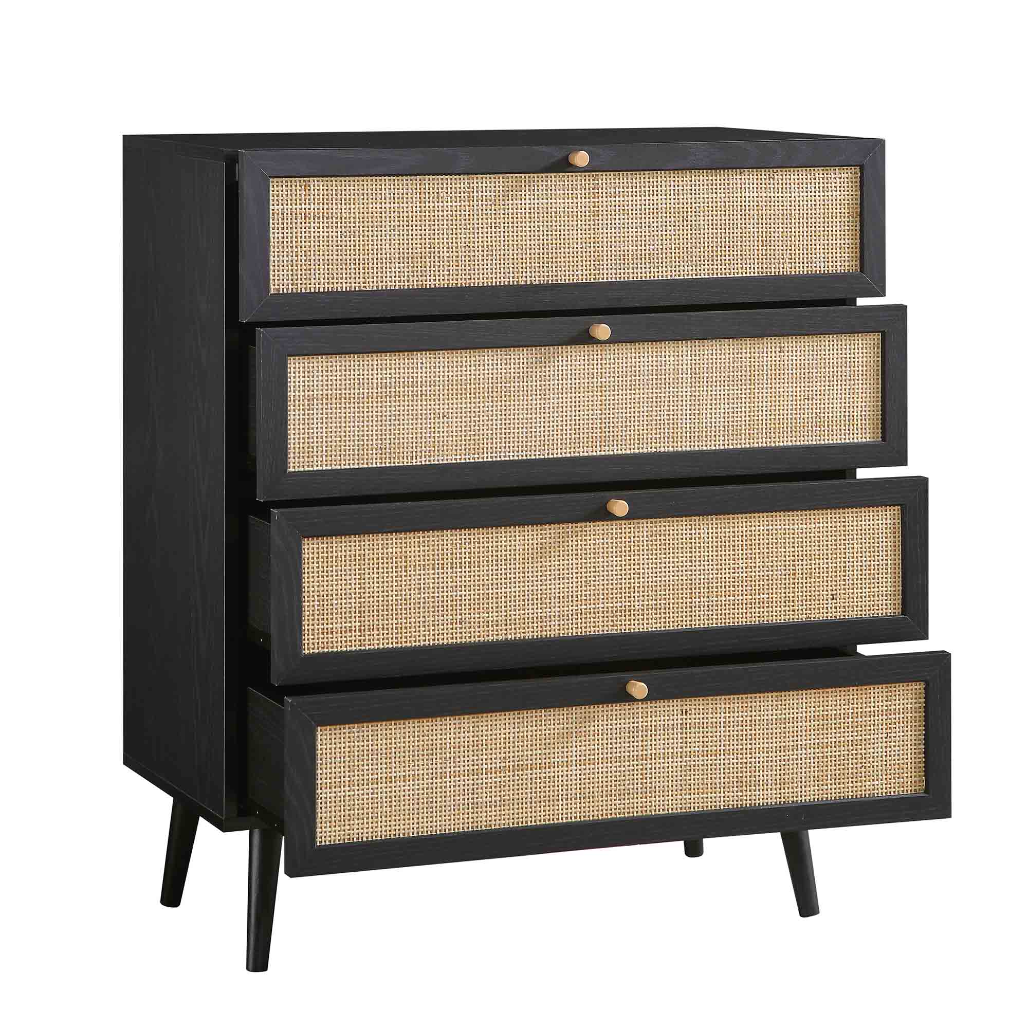 Frances Woven Rattan Tall 4 Drawer Dresser, Black