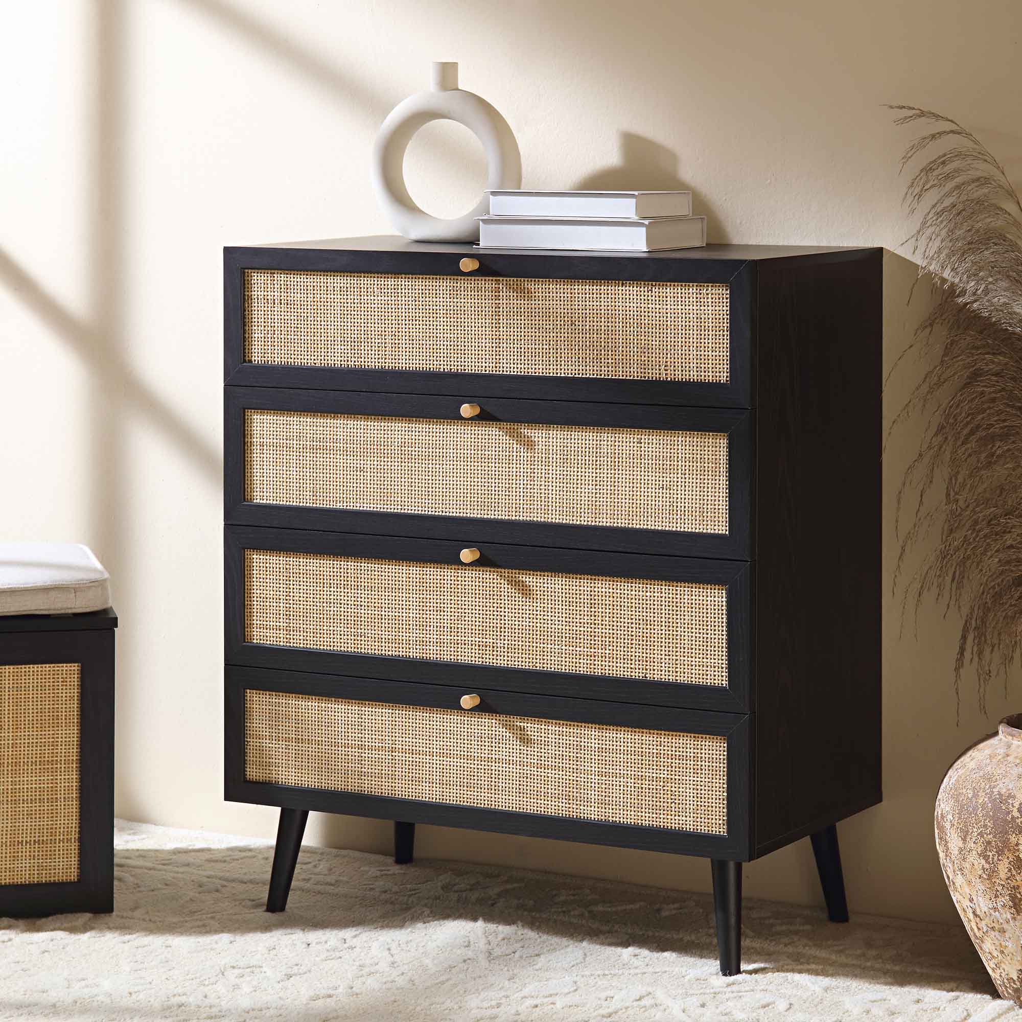 Frances Woven Rattan Tall 4 Drawer Dresser, Black