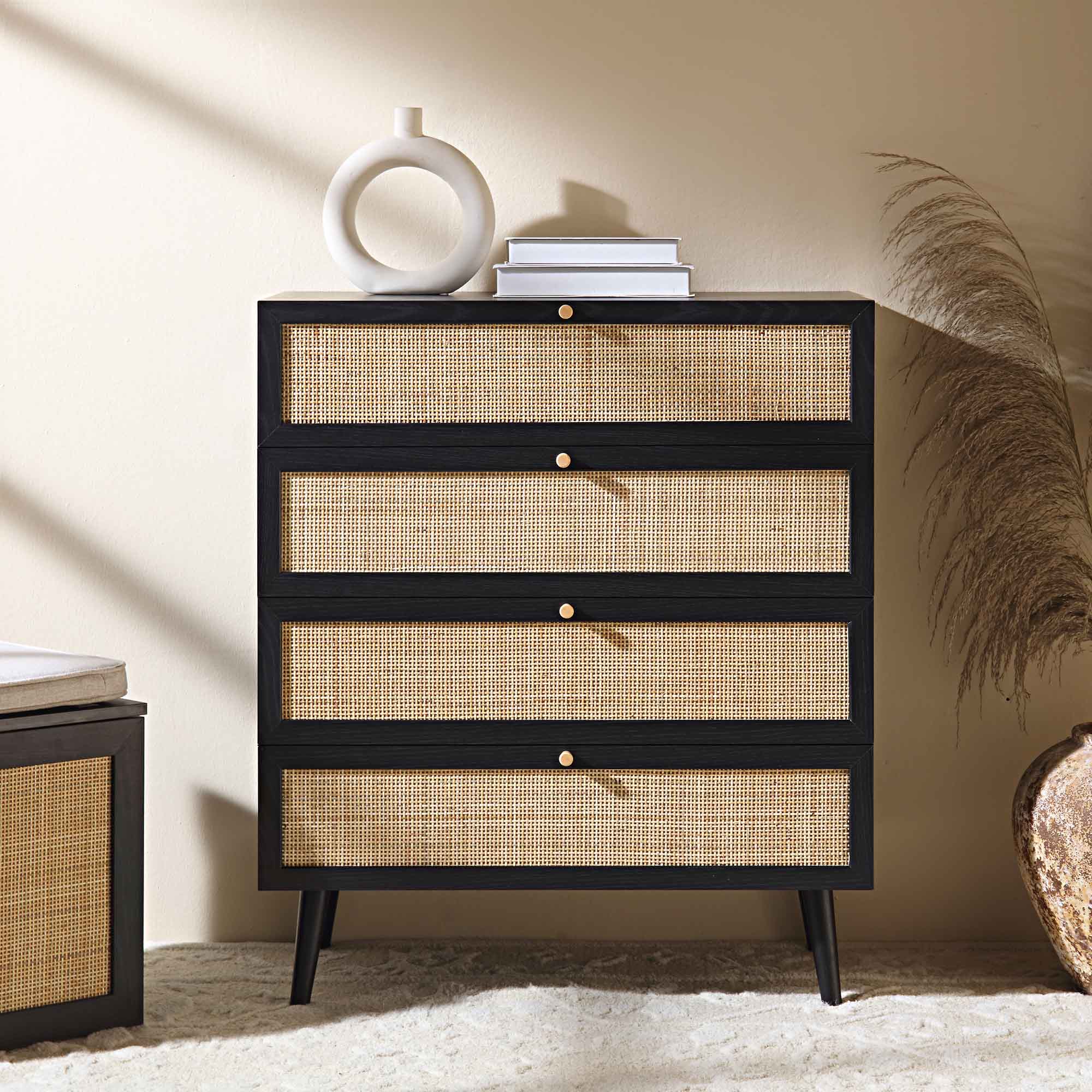 Frances Woven Rattan Tall 4 Drawer Dresser, Black