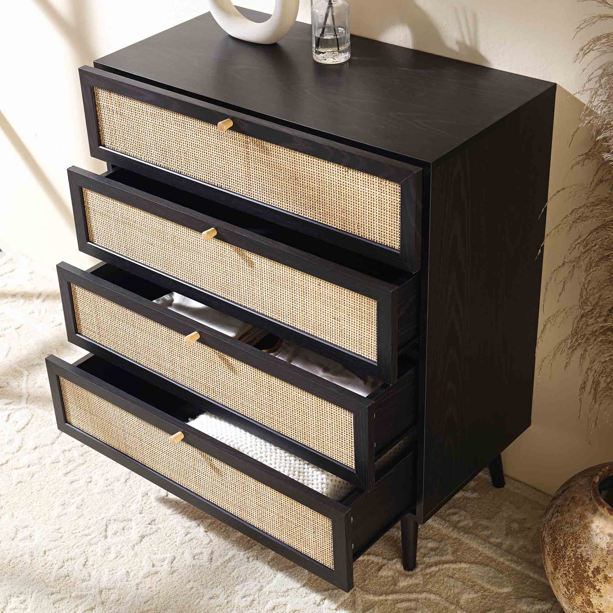 Frances Woven Rattan Tall 4 Drawer Dresser, Black