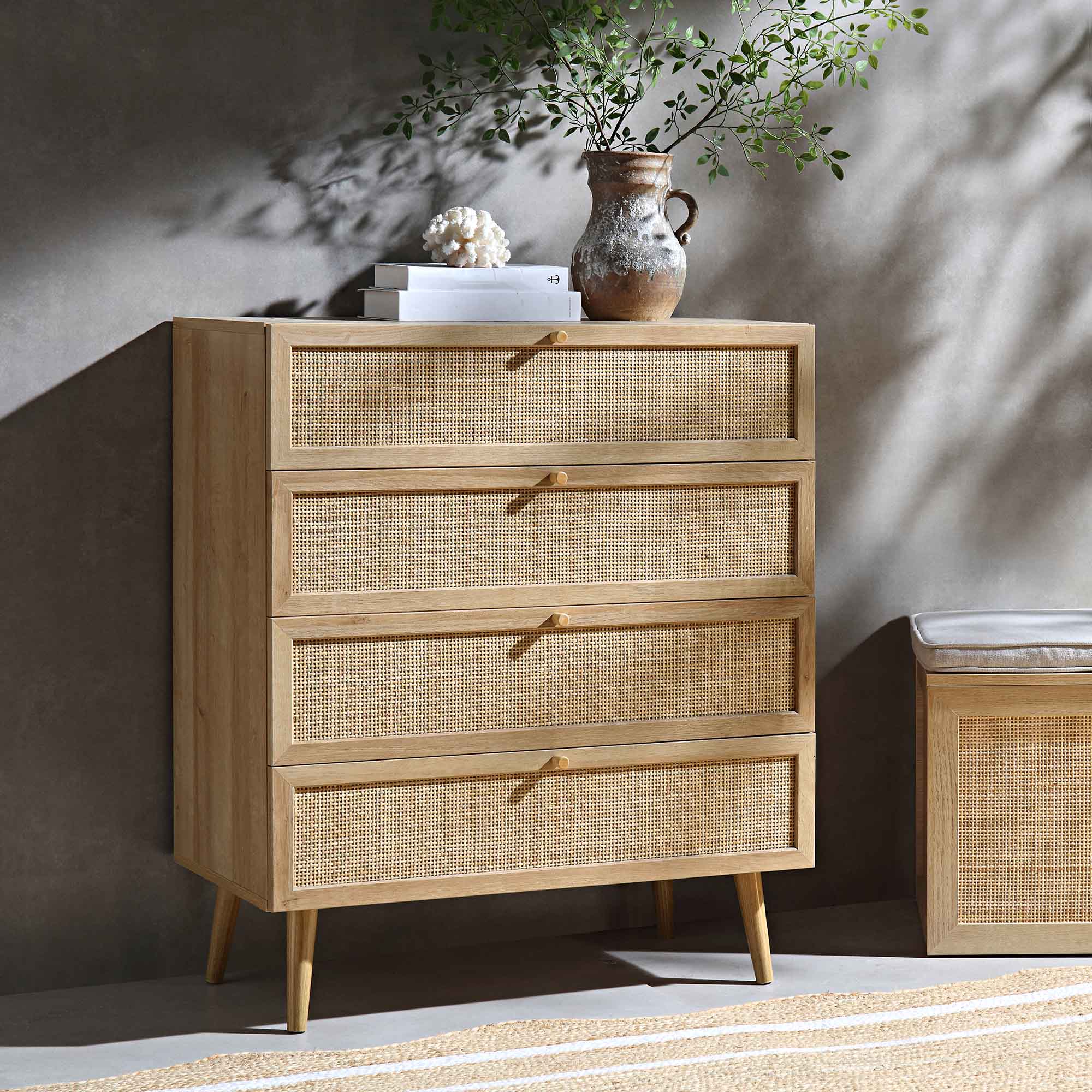 Frances Woven Rattan Tall 4 Drawer Dresser, Natural