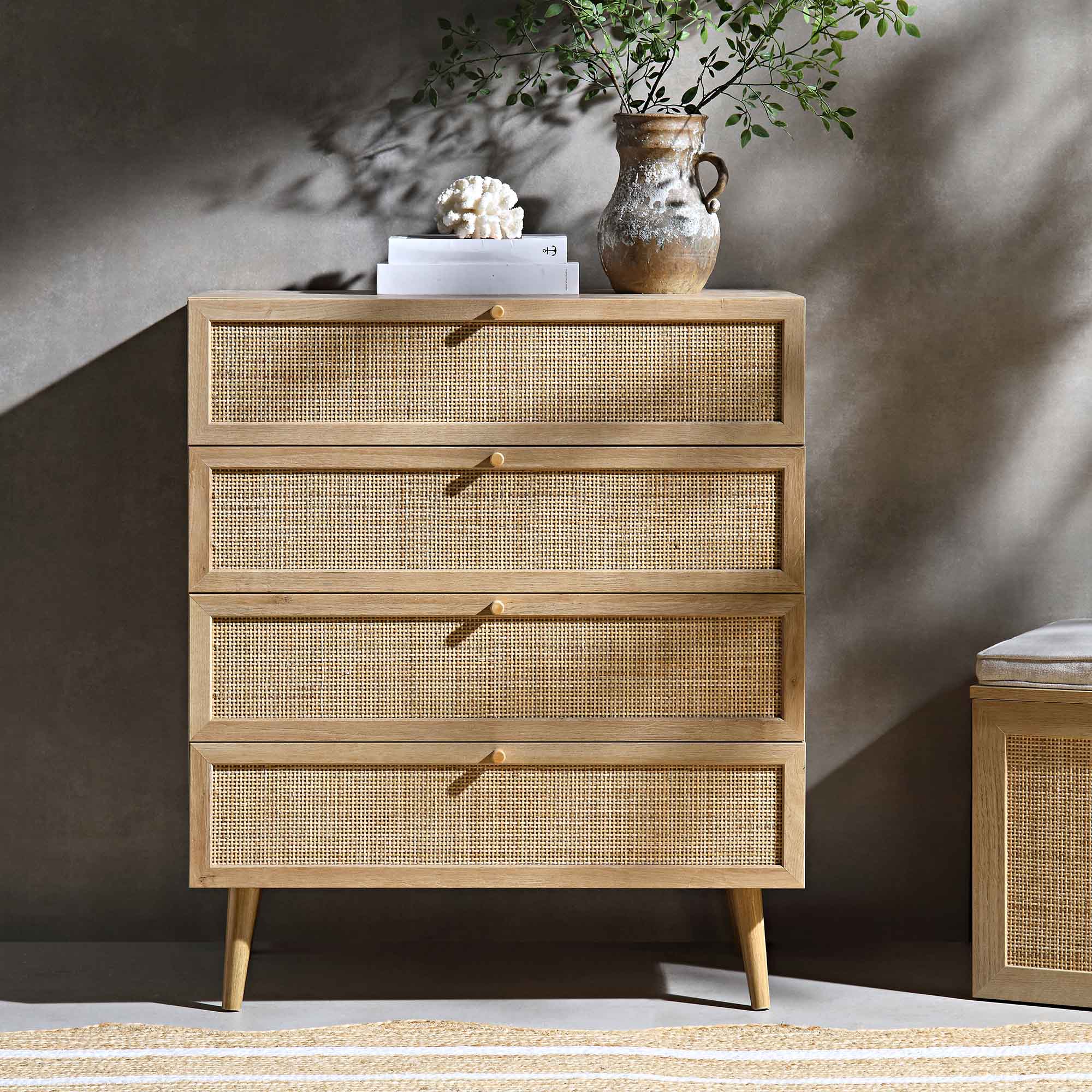 Frances Woven Rattan Tall 4 Drawer Dresser, Natural