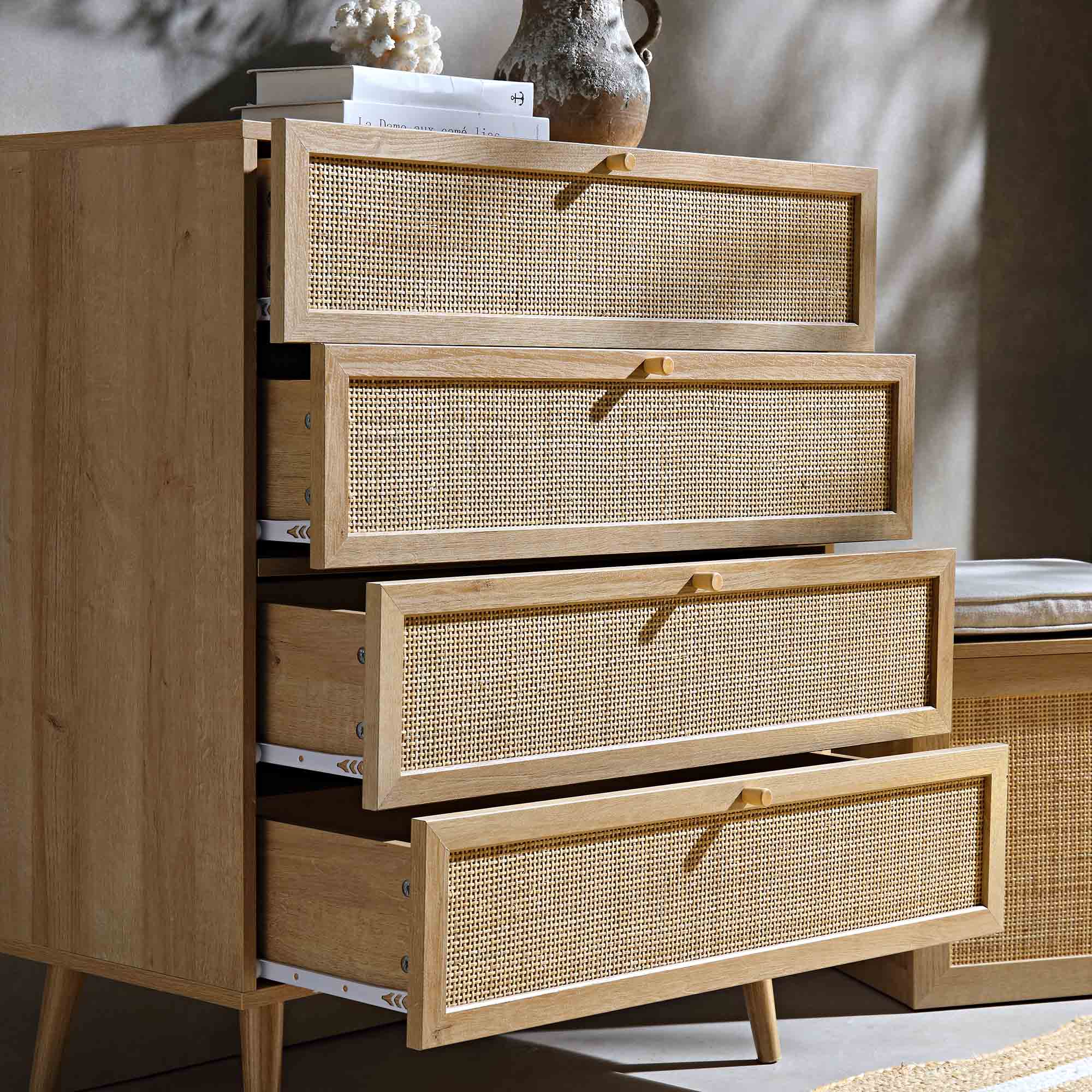 Frances Woven Rattan Tall 4 Drawer Dresser, Natural