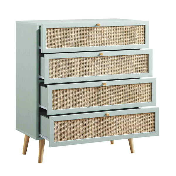 Frances Woven Rattan Tall 4 Drawer Dresser, Mint