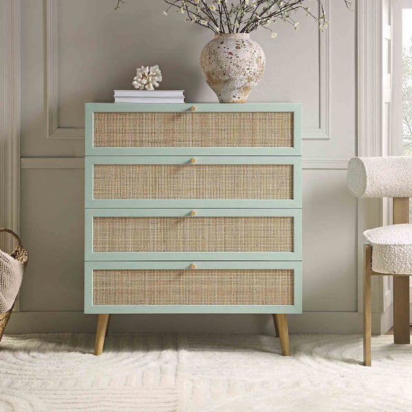 Frances Woven Rattan Tall 4 Drawer Dresser, Mint