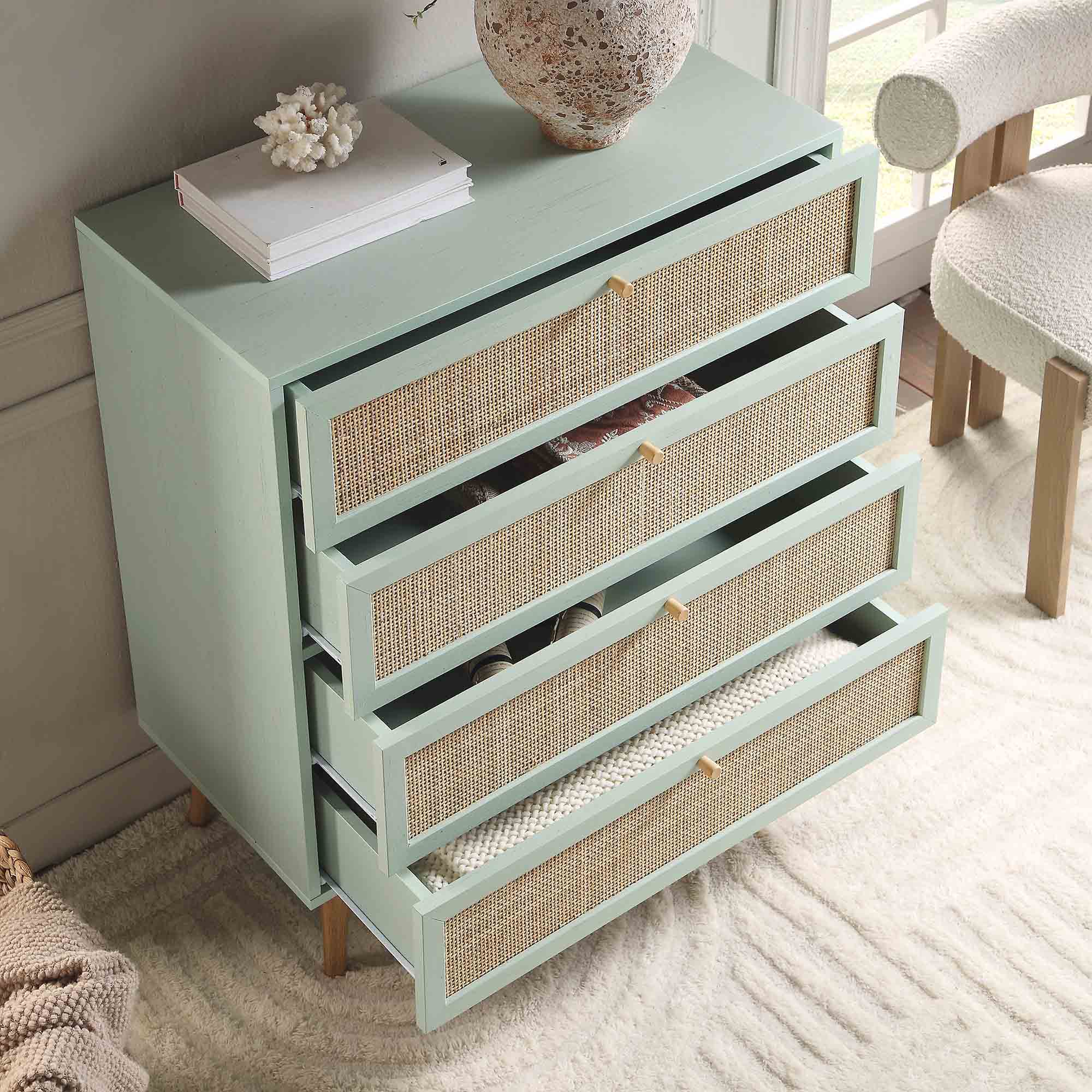 Frances Woven Rattan Tall 4 Drawer Dresser, Mint