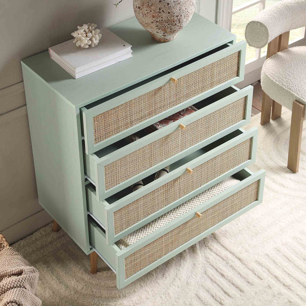 Frances Woven Rattan Tall 4 Drawer Dresser, Mint