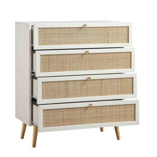 Frances Woven Rattan Tall 4 Drawer Dresser, White