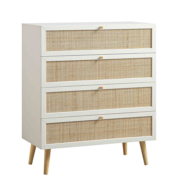 Frances Woven Rattan Tall 4 Drawer Dresser, White