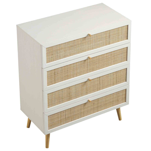 Frances Woven Rattan Tall 4 Drawer Dresser, White