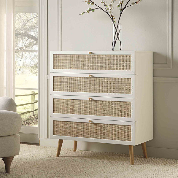 Frances Woven Rattan Tall 4 Drawer Dresser, White