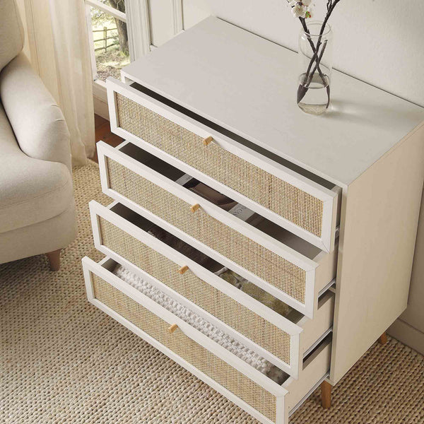 Frances Woven Rattan Tall 4 Drawer Dresser, White