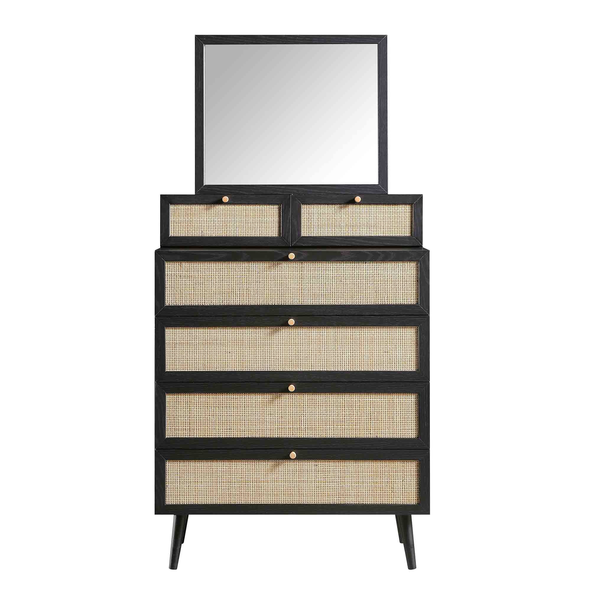 Frances Woven Rattan Tall Vanity Dresser with Mirror, Black