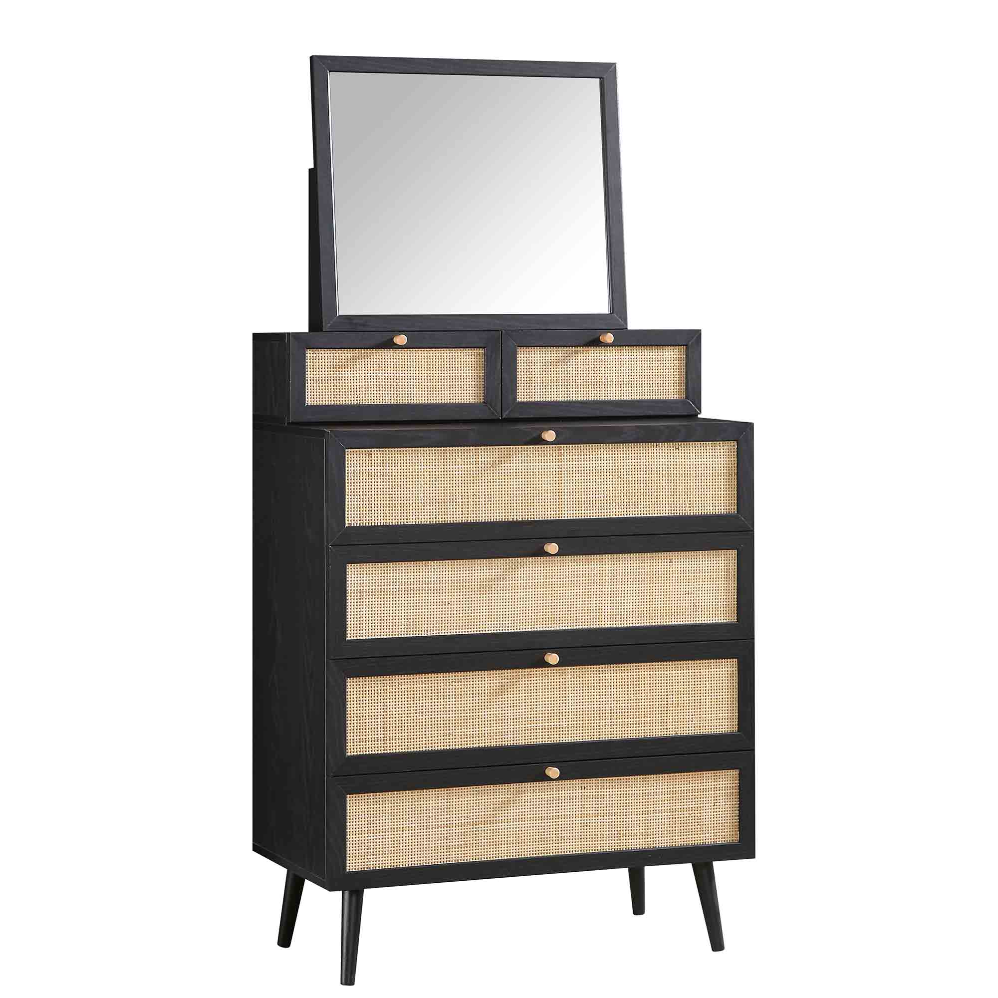 Frances Woven Rattan Tall Vanity Dresser with Mirror, Black