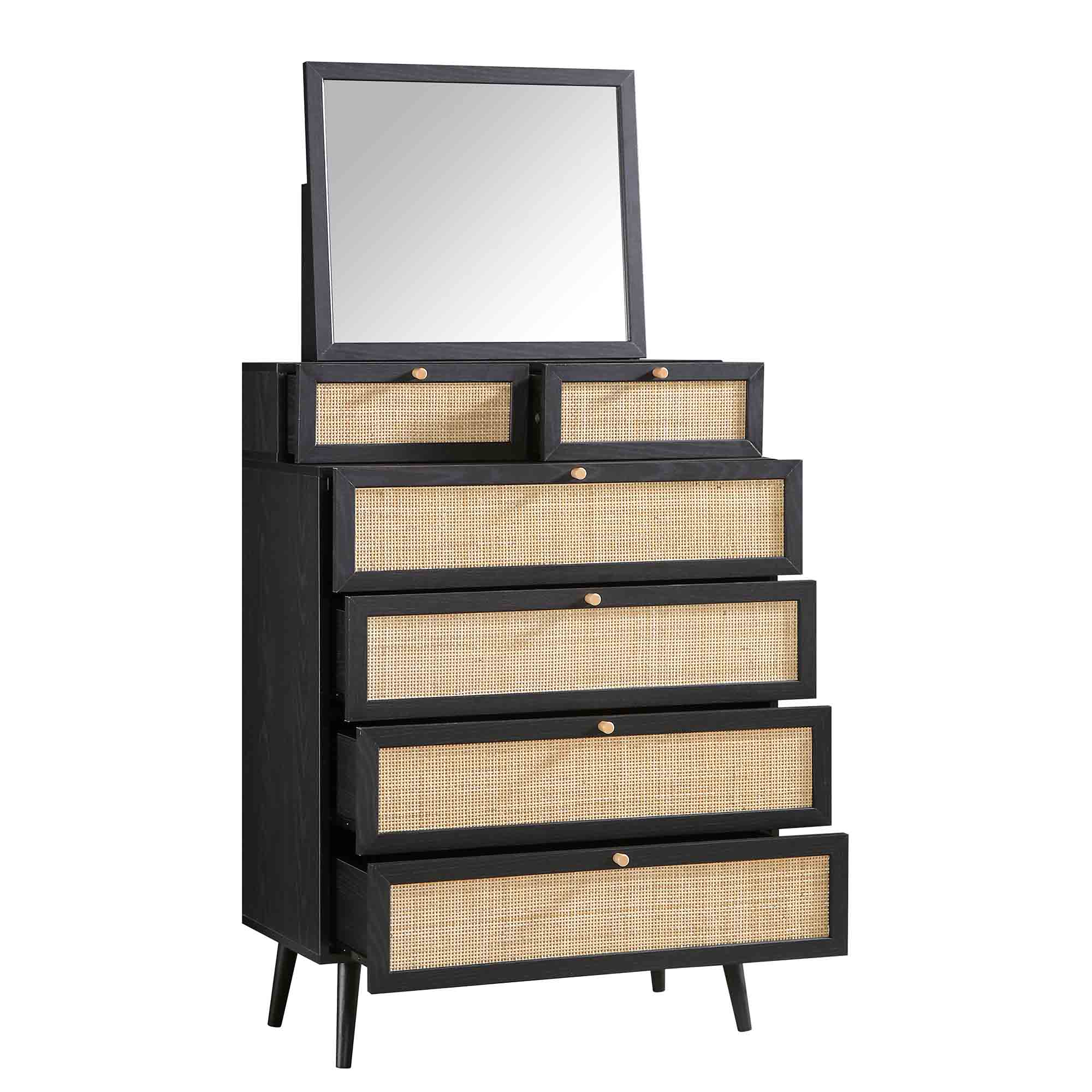 Frances Woven Rattan Tall Vanity Dresser with Mirror, Black