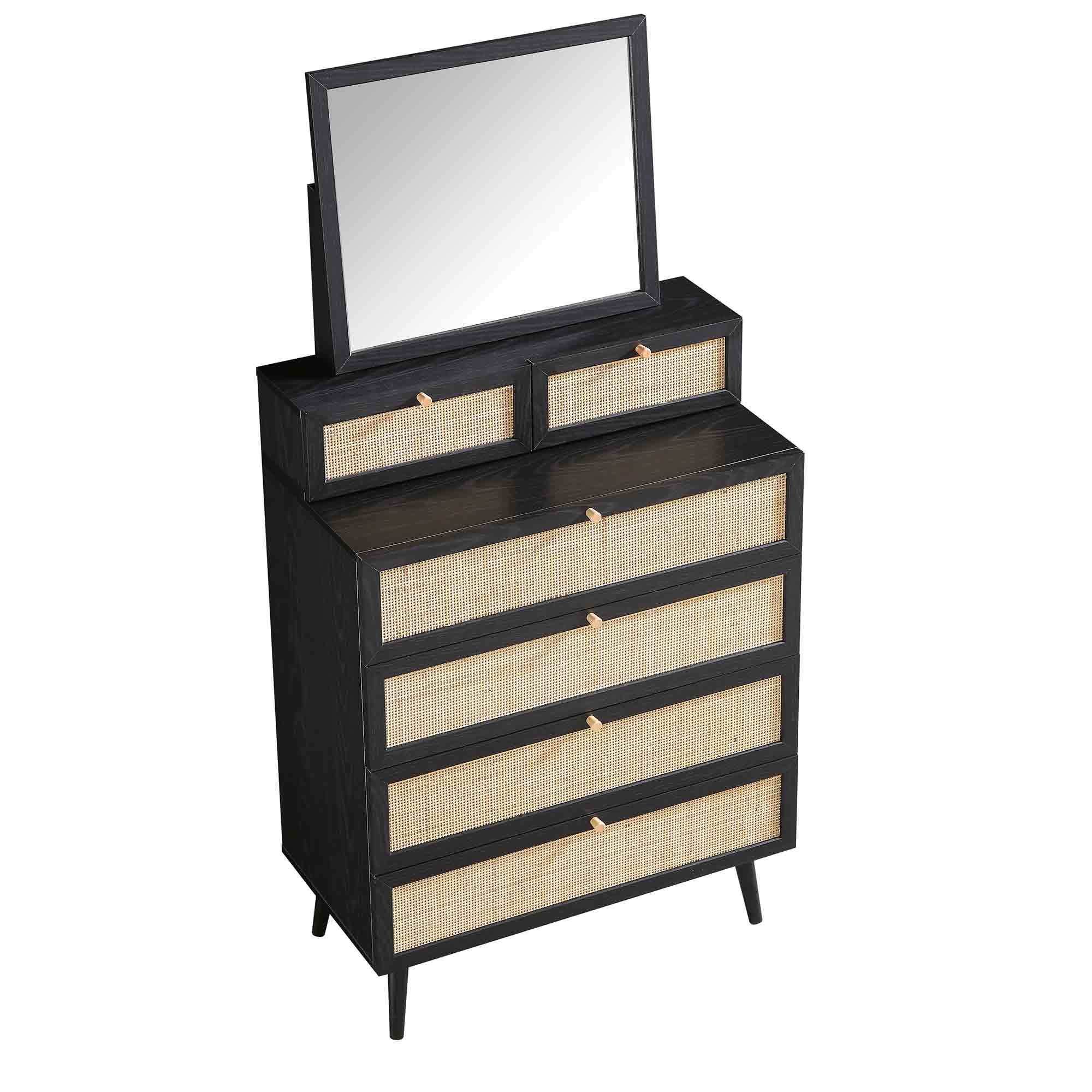 Frances Woven Rattan Tall Vanity Dresser with Mirror, Black