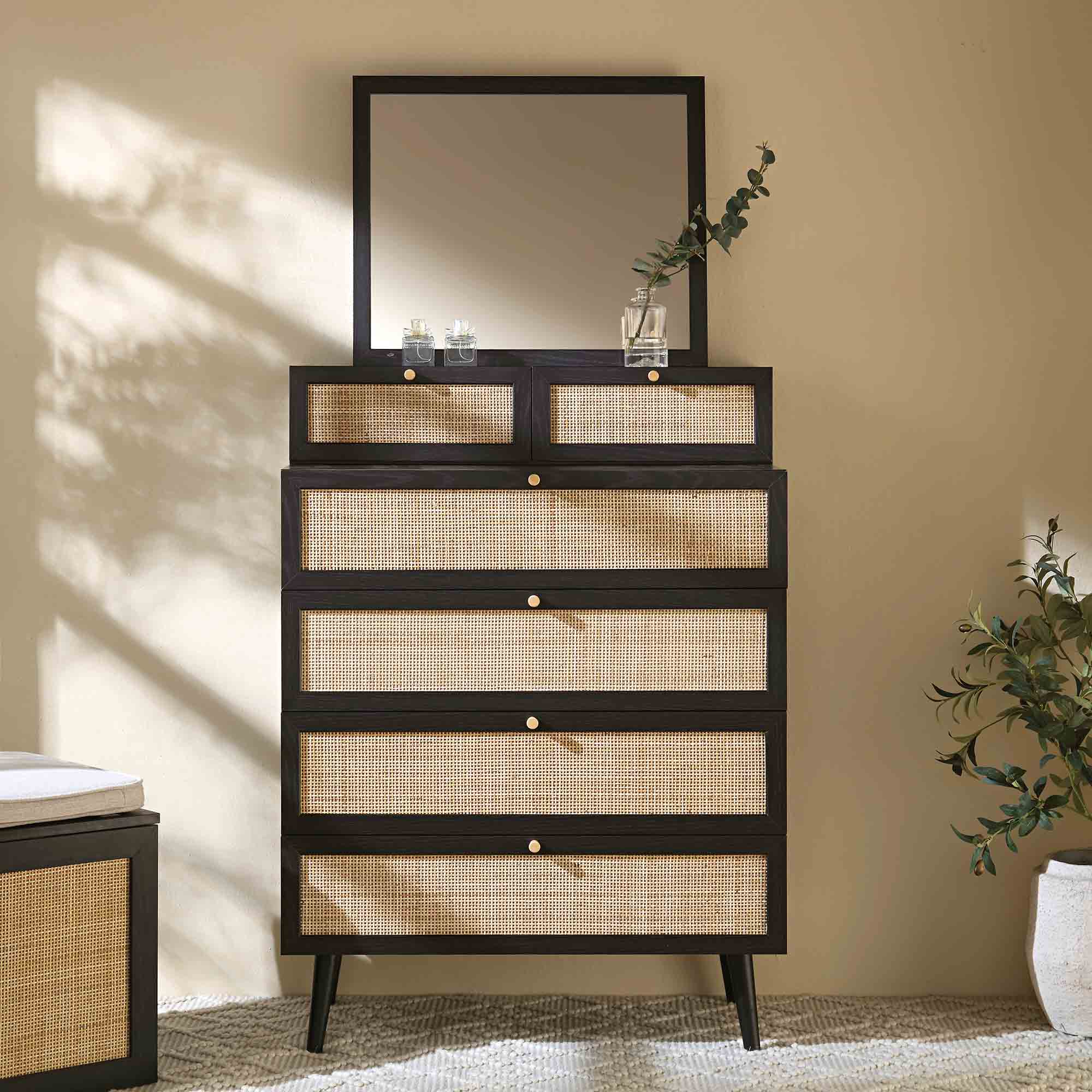 Frances Woven Rattan Tall Vanity Dresser with Mirror, Black