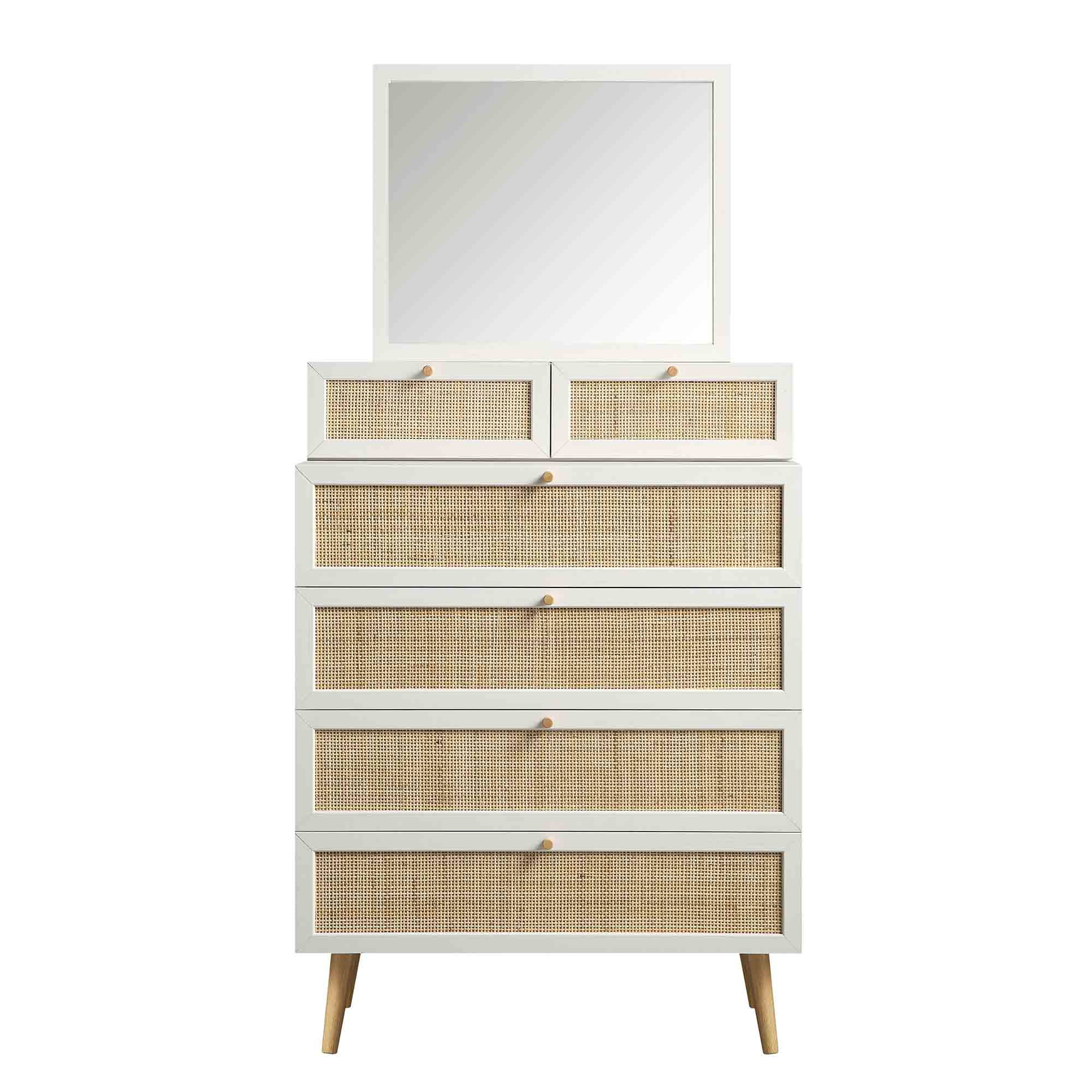 Frances Woven Rattan Tall Vanity Dresser with Mirror, White | daals.com