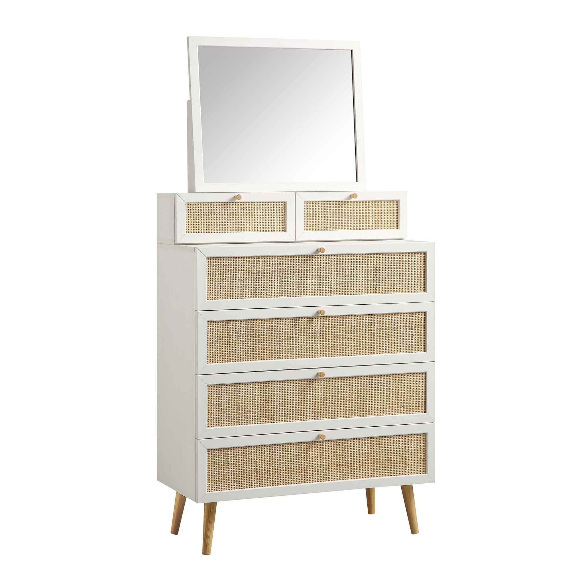 Frances Woven Rattan Tall Vanity Dresser with Mirror, White