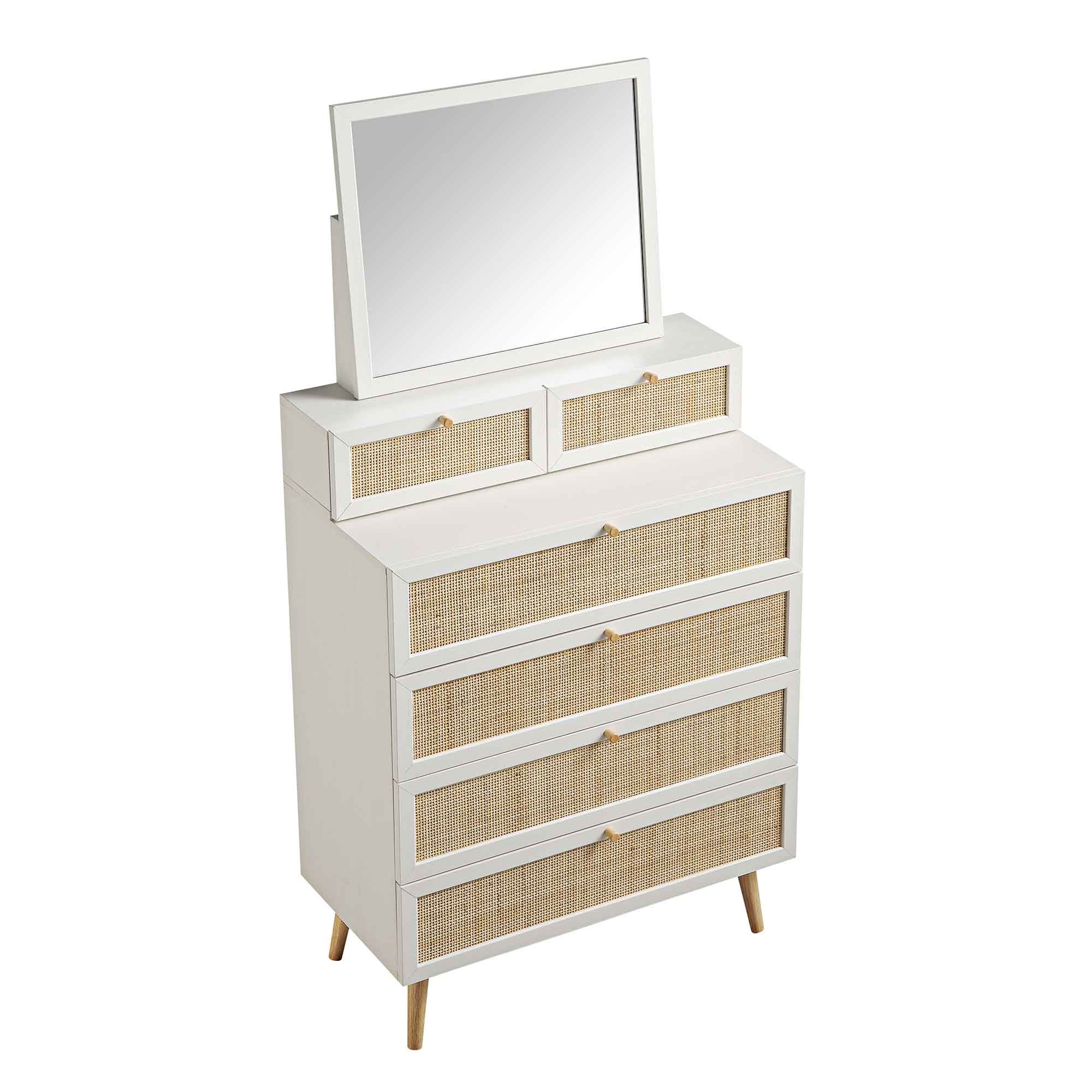 Frances Woven Rattan Tall Vanity Dresser with Mirror, White