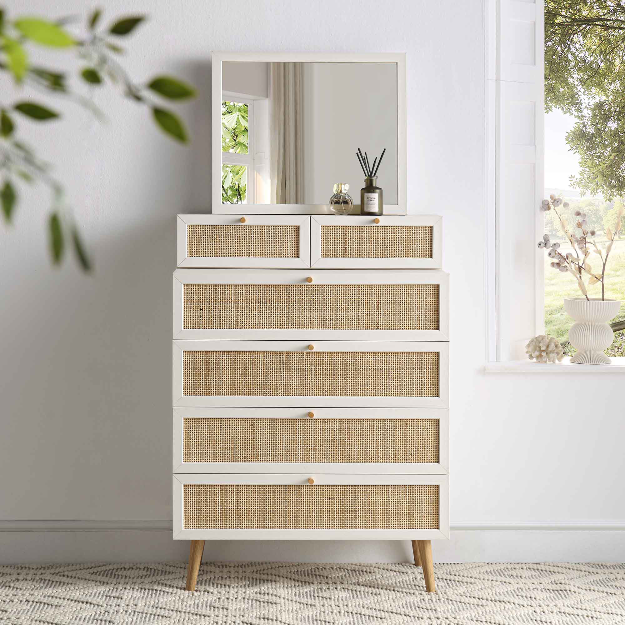 Frances Woven Rattan Tall Vanity Dresser with Mirror, White