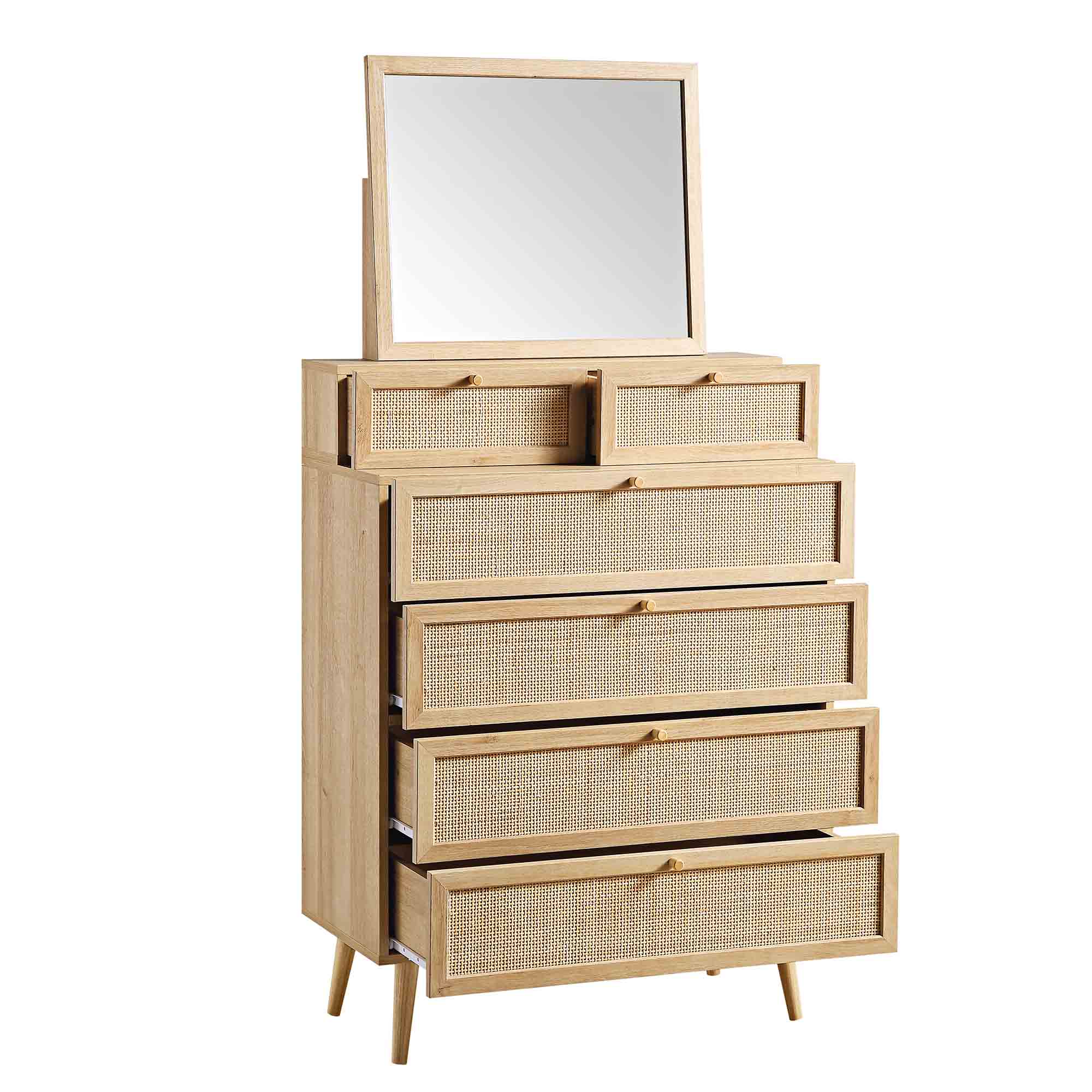 Frances Woven Rattan Tall Vanity Dresser with Mirror, Natural