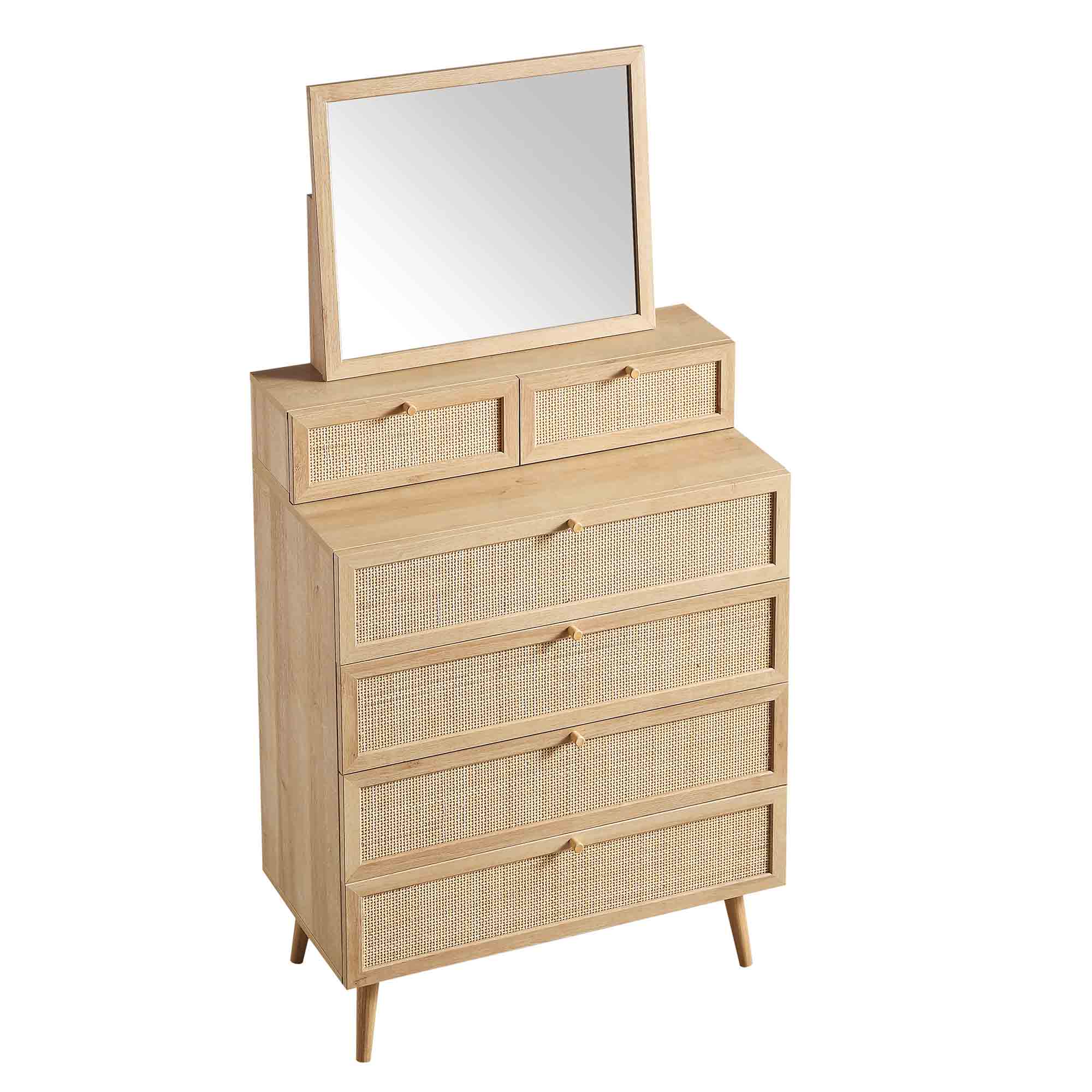 Frances Woven Rattan Tall Vanity Dresser with Mirror, Natural