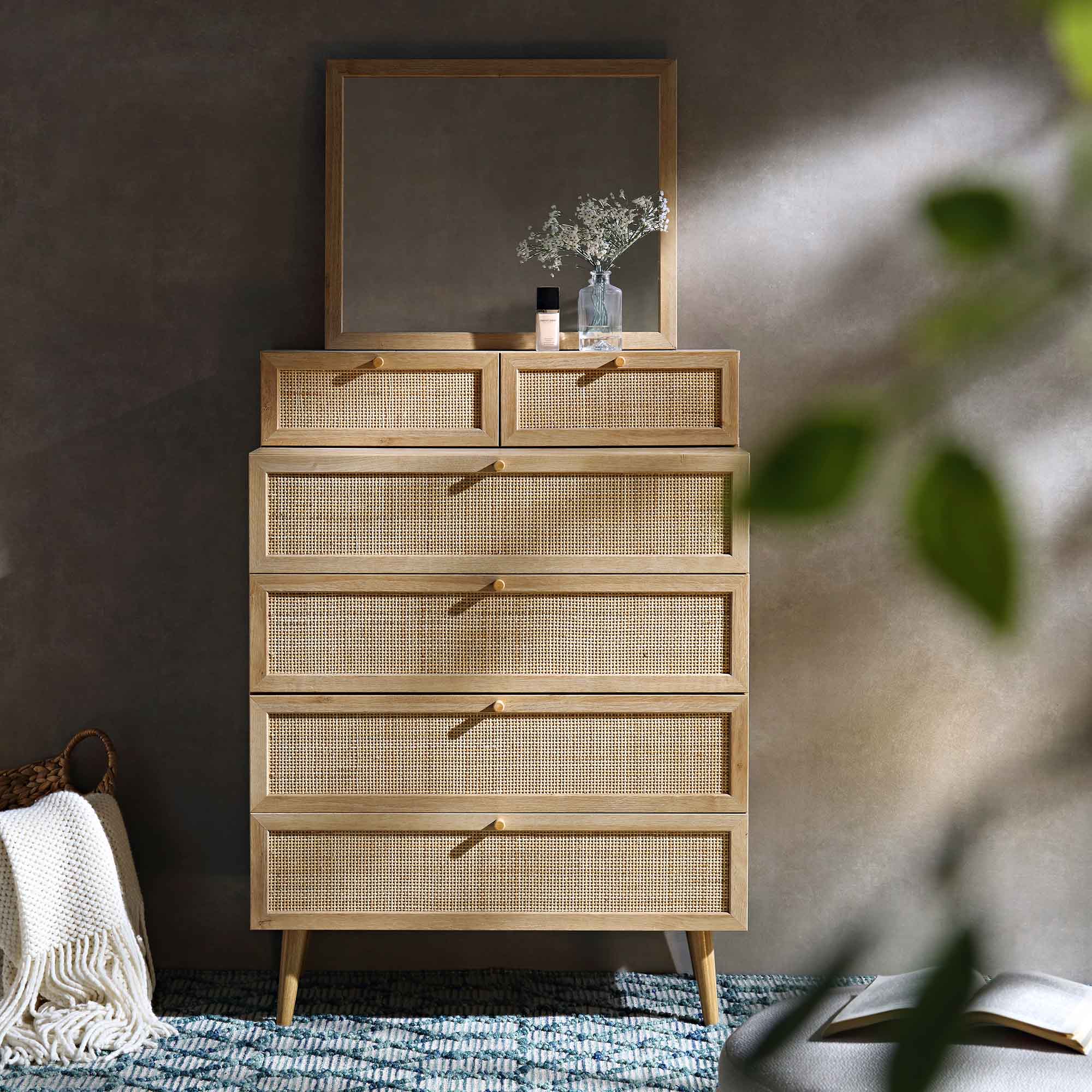 Frances Woven Rattan Tall Vanity Dresser with Mirror, Natural