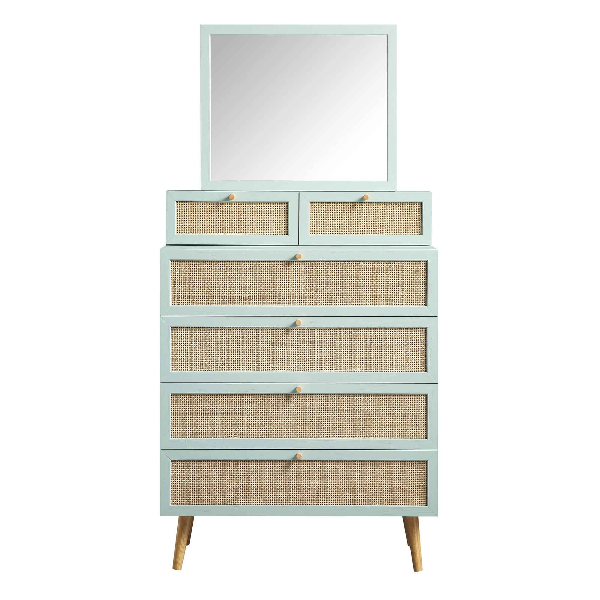 Frances Woven Rattan Tall Vanity Dresser with Mirror, Mint