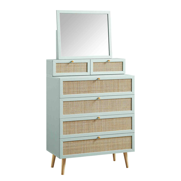 Frances Woven Rattan Tall Vanity Dresser with Mirror, Mint