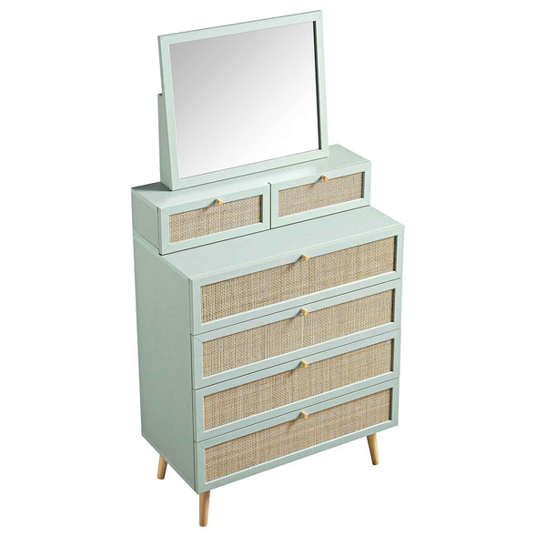 Frances Woven Rattan Tall Vanity Dresser with Mirror, Mint