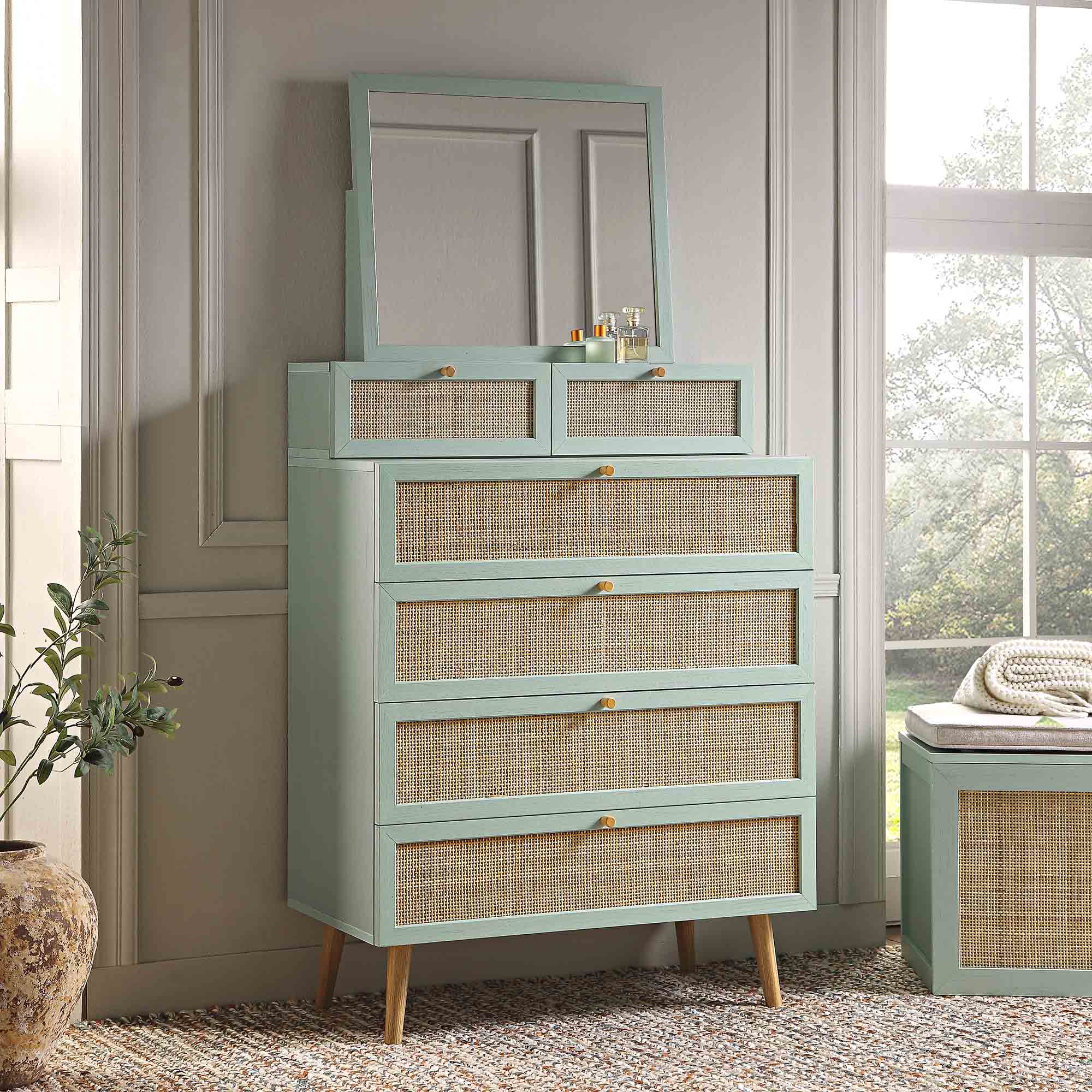 Frances Woven Rattan Tall Vanity Dresser with Mirror, Mint