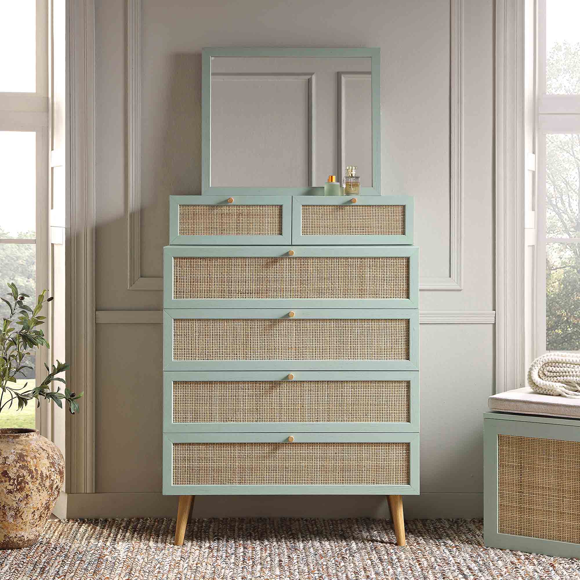 Frances Woven Rattan Tall Vanity Dresser with Mirror, Mint